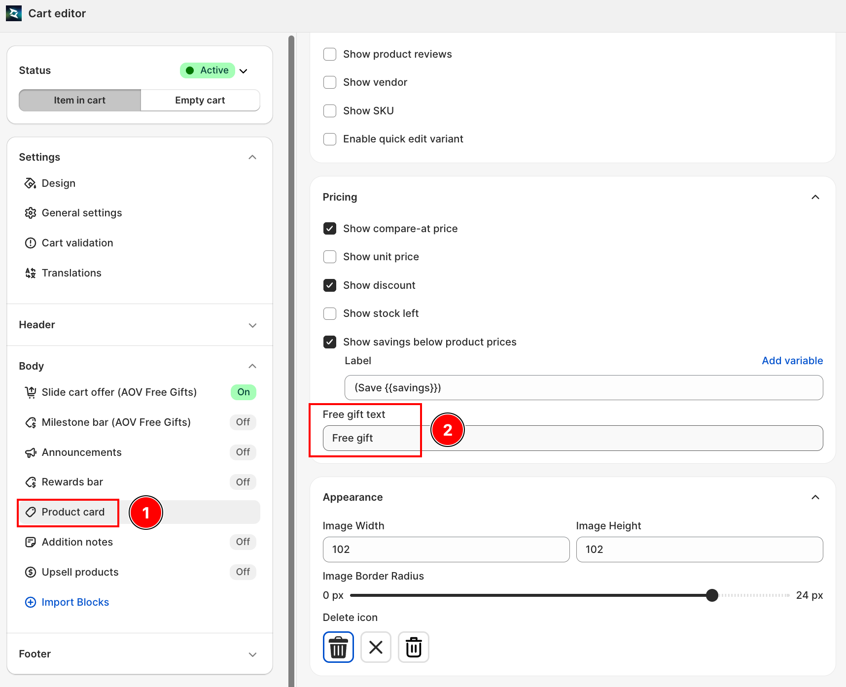 Free gift text field in Product card settings