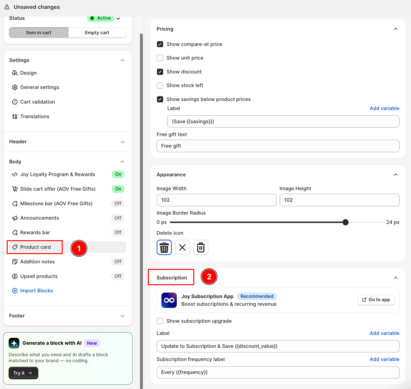 Subscription section in Product card settings, showing the Joy Subscription App card, Label, and Subscription frequency label fields