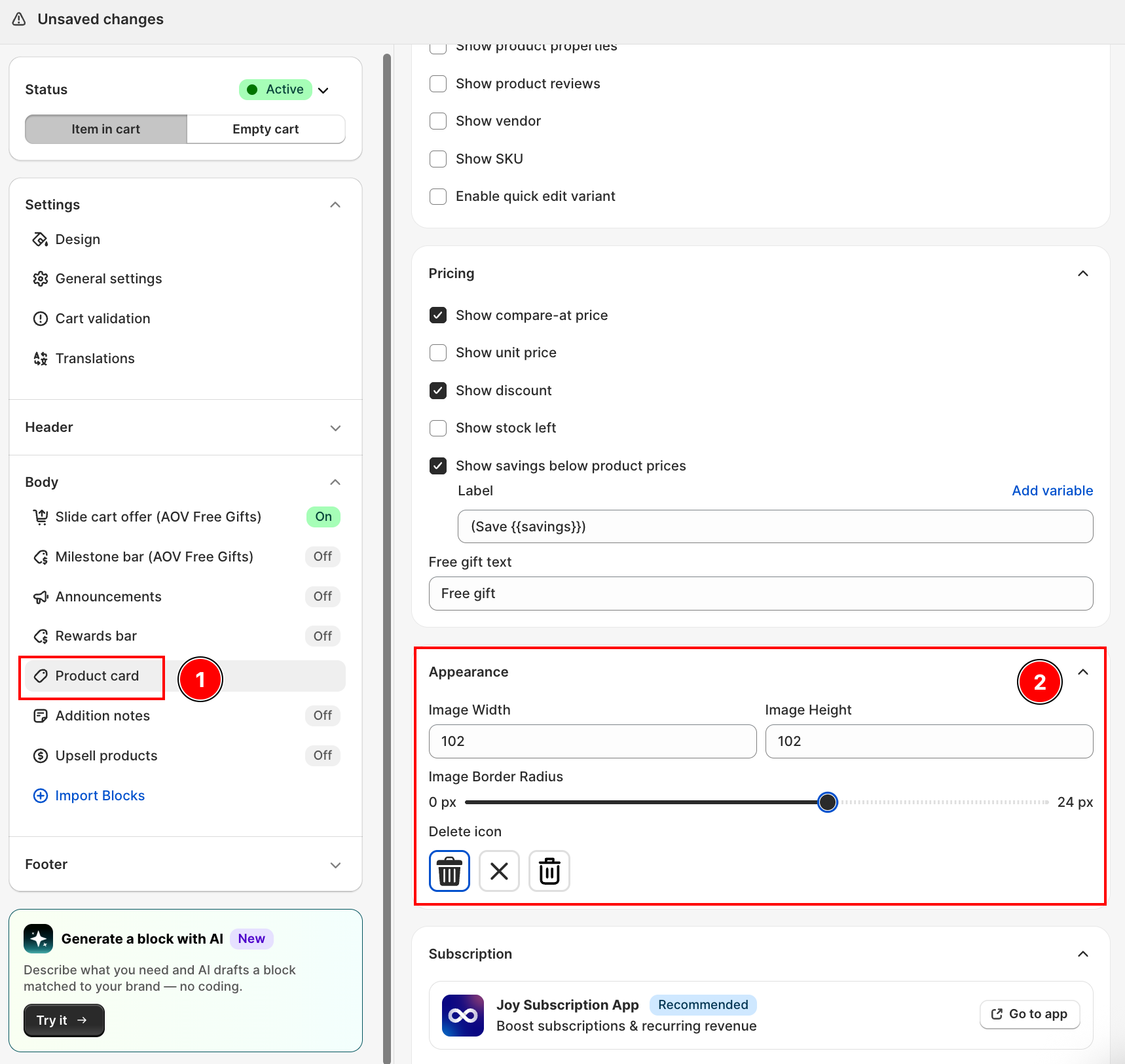 Appearance section in Product card settings, showing Image Width, Image Height, and Image Border Radius
