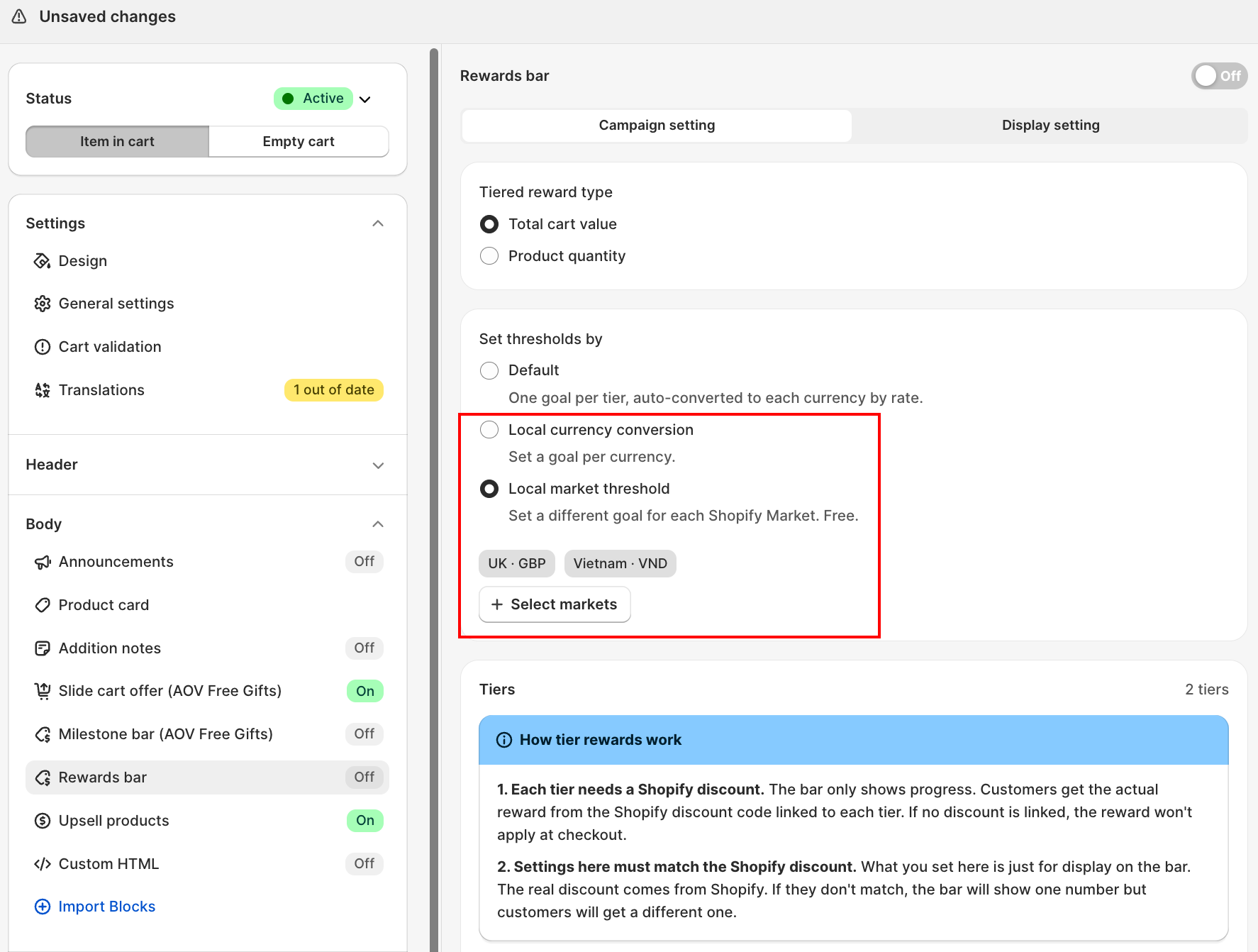 Set thresholds by selector with Local market threshold selected