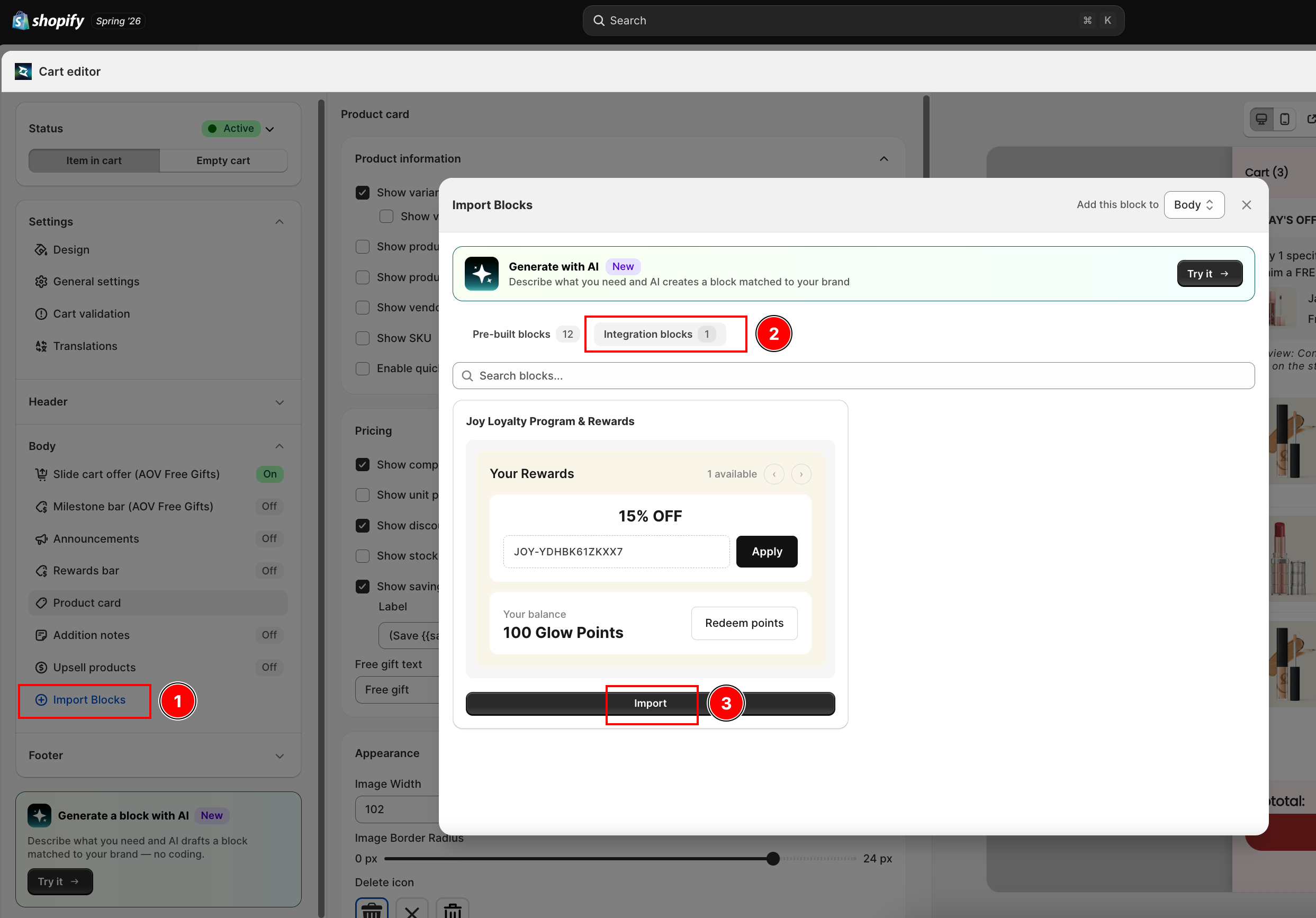 Import Blocks modal on the Integration blocks tab, showing the Joy Loyalty Program & Rewards block