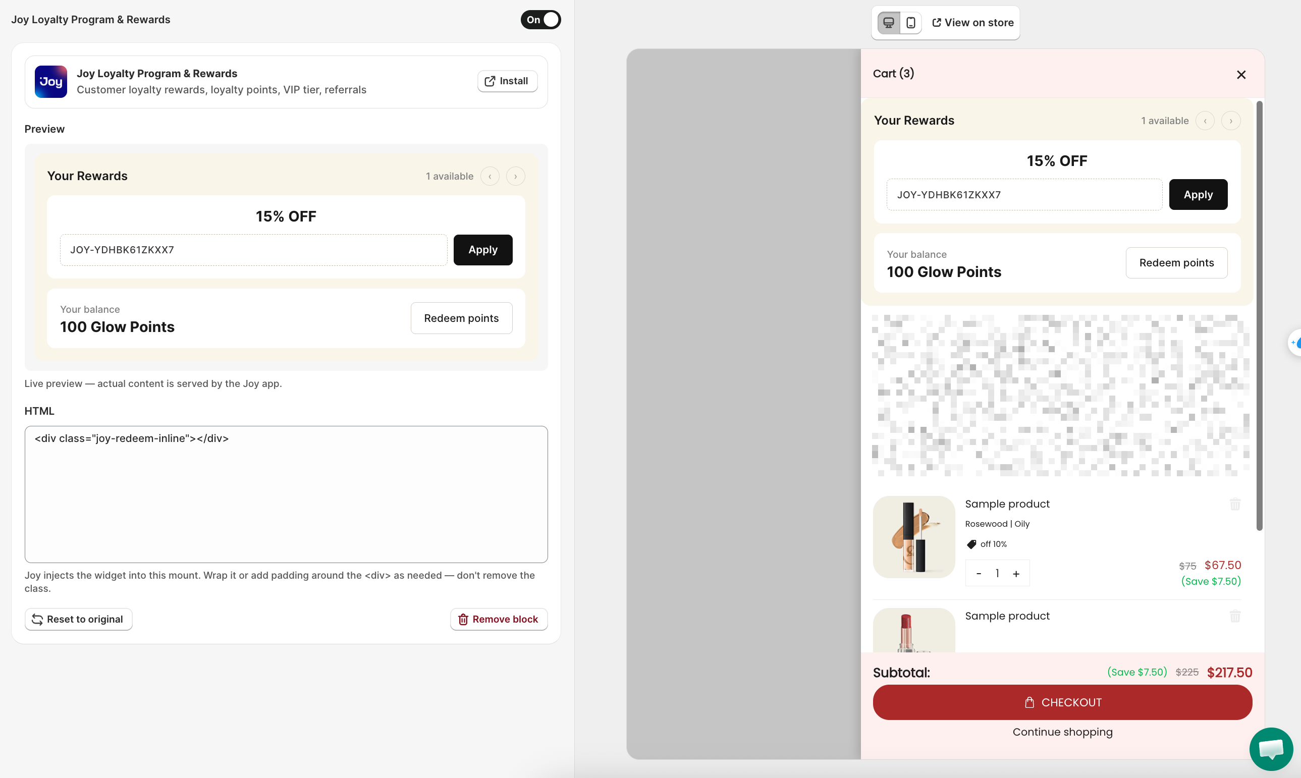 Joy Loyalty Program & Rewards integration block editor, showing the live preview, install status, and HTML mount section