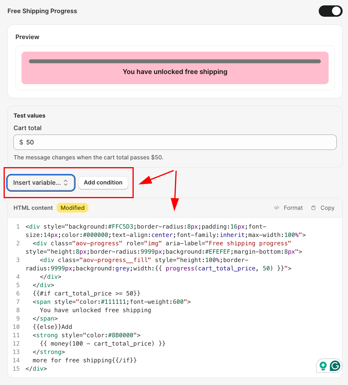 Insert variable and Add condition buttons above the HTML content editor, with the if/else and money()/progress() logic in the code below