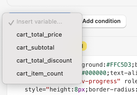 Insert variable dropdown showing the four cart variables: cart_total_price, cart_subtotal, cart_total_discount, cart_item_count