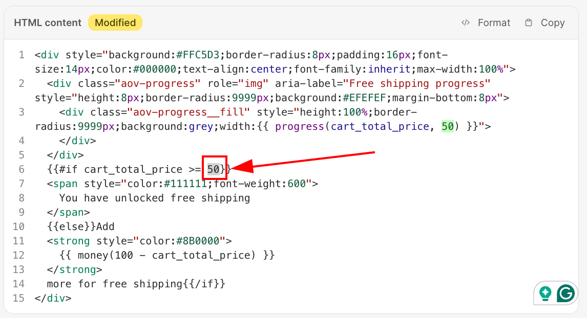 HTML content editor with the threshold number 50 highlighted inside the progress() function and the if condition