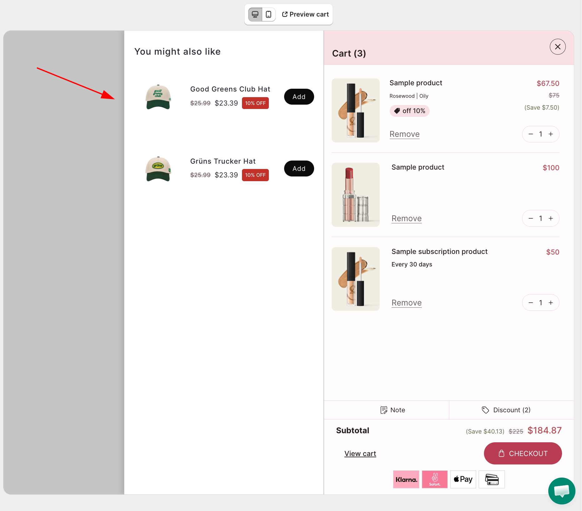 Live cart preview with the side panel column (You might also like) next to the cart
