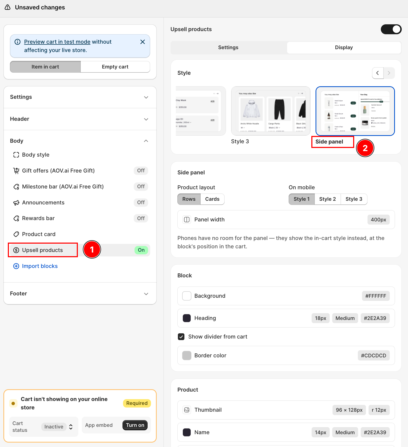 Style selector with Side panel selected, and the Side panel settings card (Product layout, On mobile, Panel width)