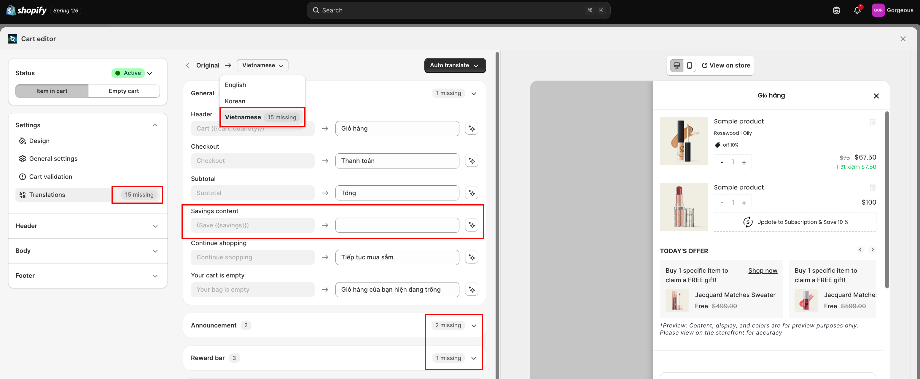 Translations sidebar item and language picker showing the out-of-date and missing count badges