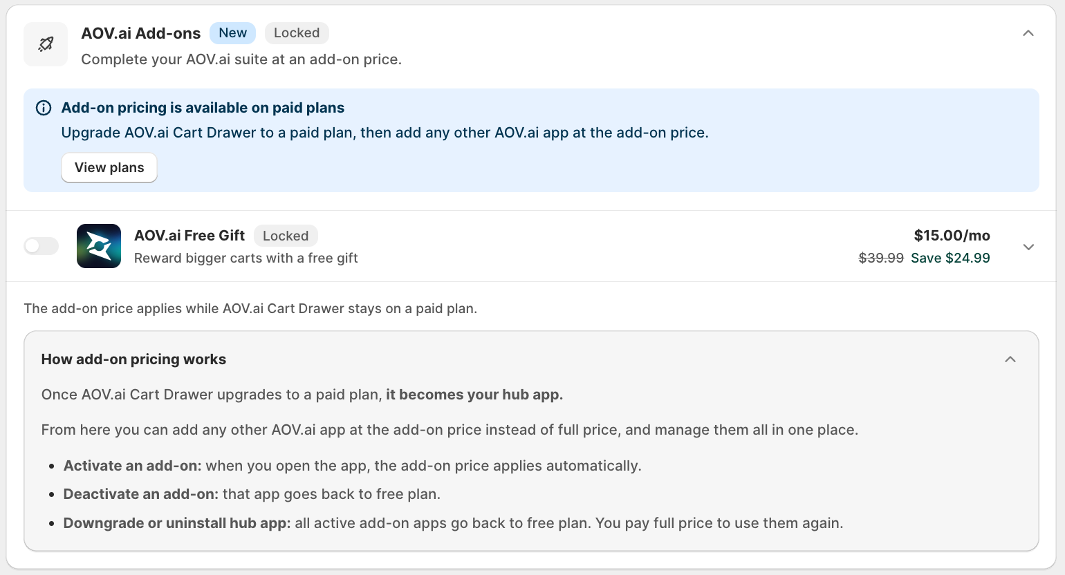 AOV.ai Add-ons table on the Advanced plan: AOV.ai Free Gift at $39.99 normal price, $15.00/mo add-on price, Save $24.99