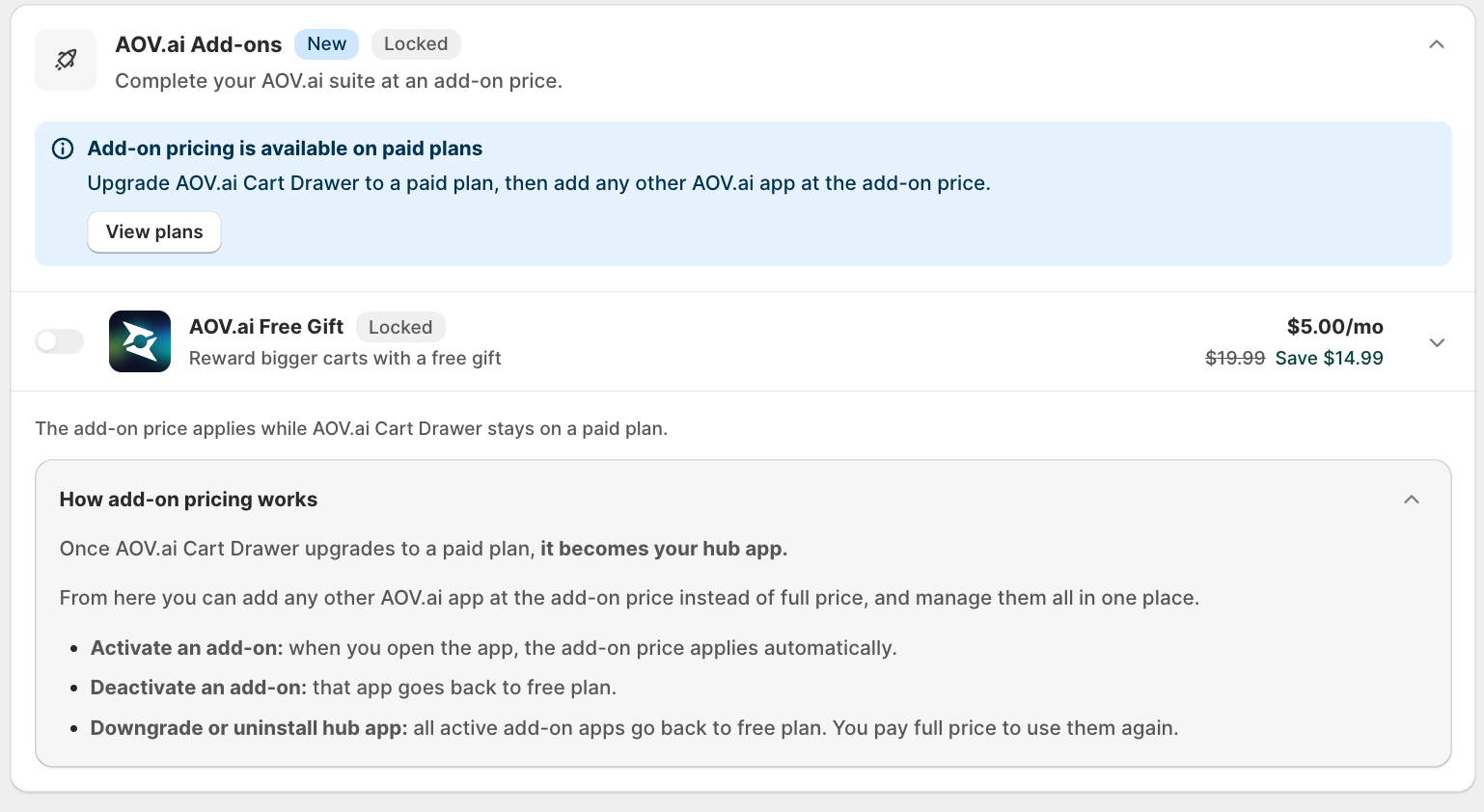 AOV.ai Add-ons table on the Basic plan: AOV.ai Free Gift at $19.99 normal price, $5.00/mo add-on price, Save $14.99