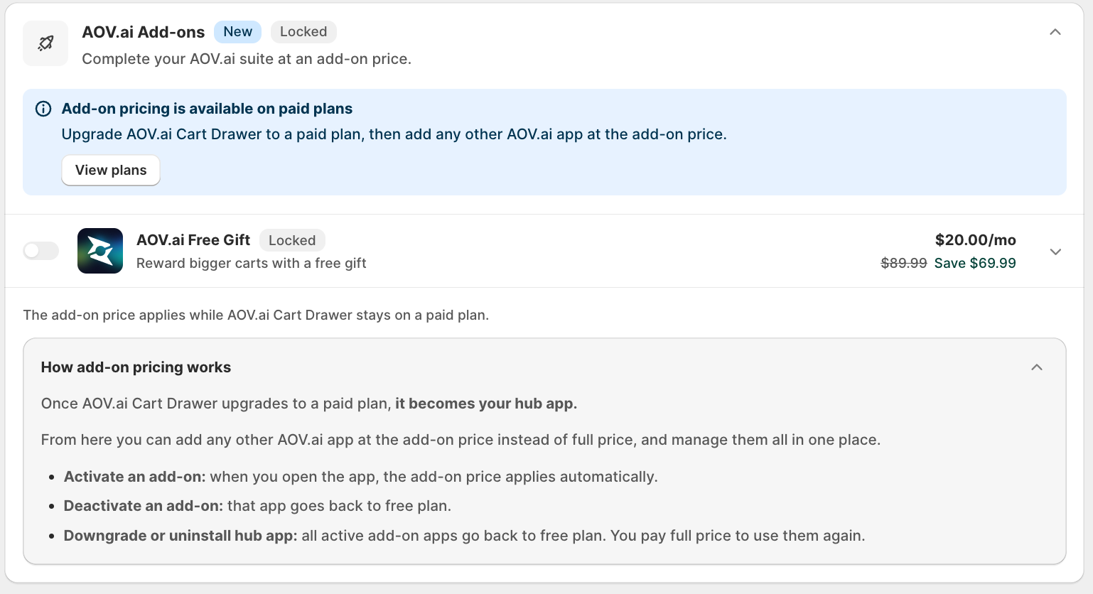 AOV.ai Add-ons table on the Plus plan: AOV.ai Free Gift at $89.99 normal price, $20.00/mo add-on price, Save $69.99