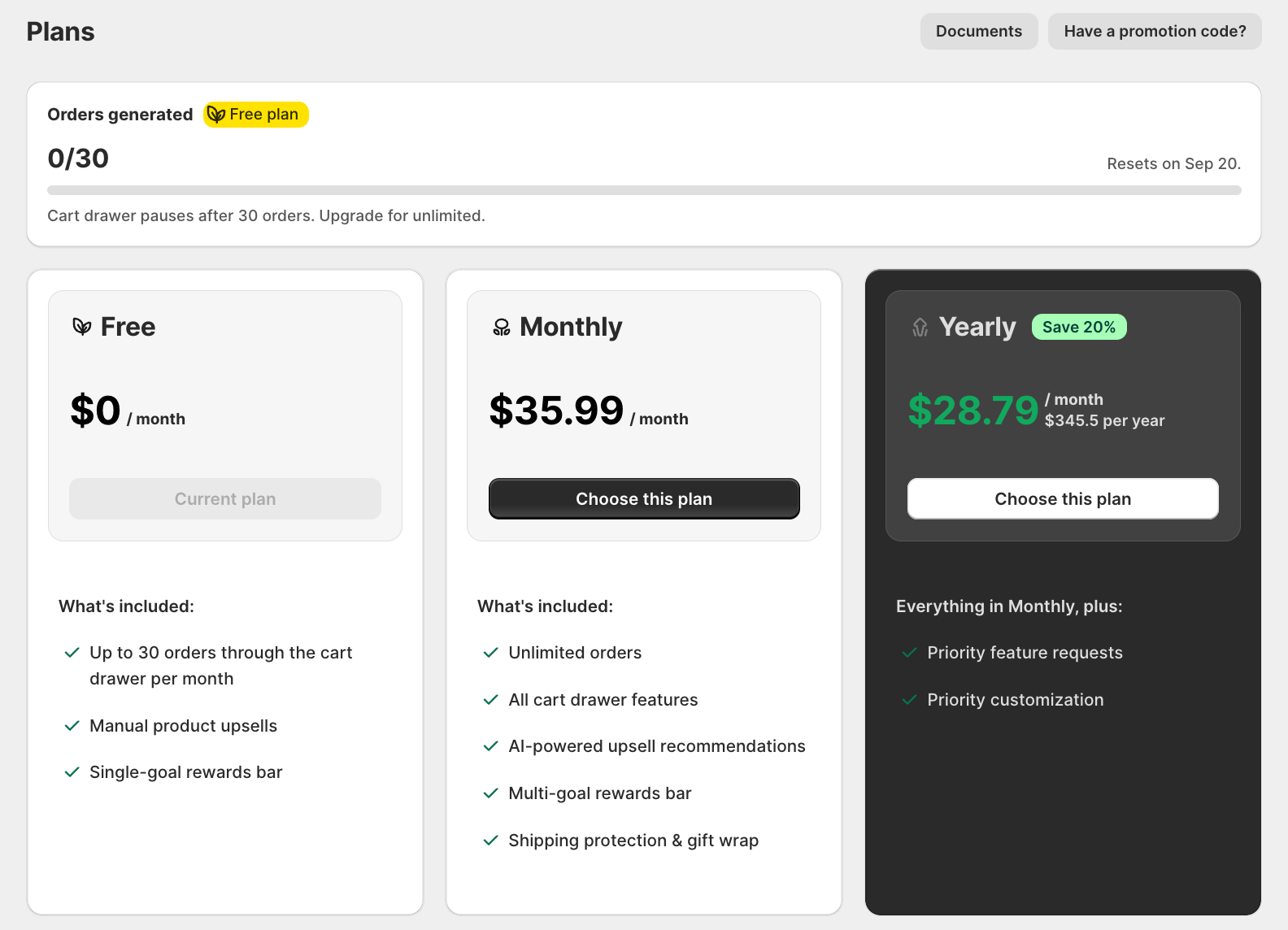 Pricing tab showing the Free, Monthly ($35.99), and Yearly plan cards for a Shopify Advanced store