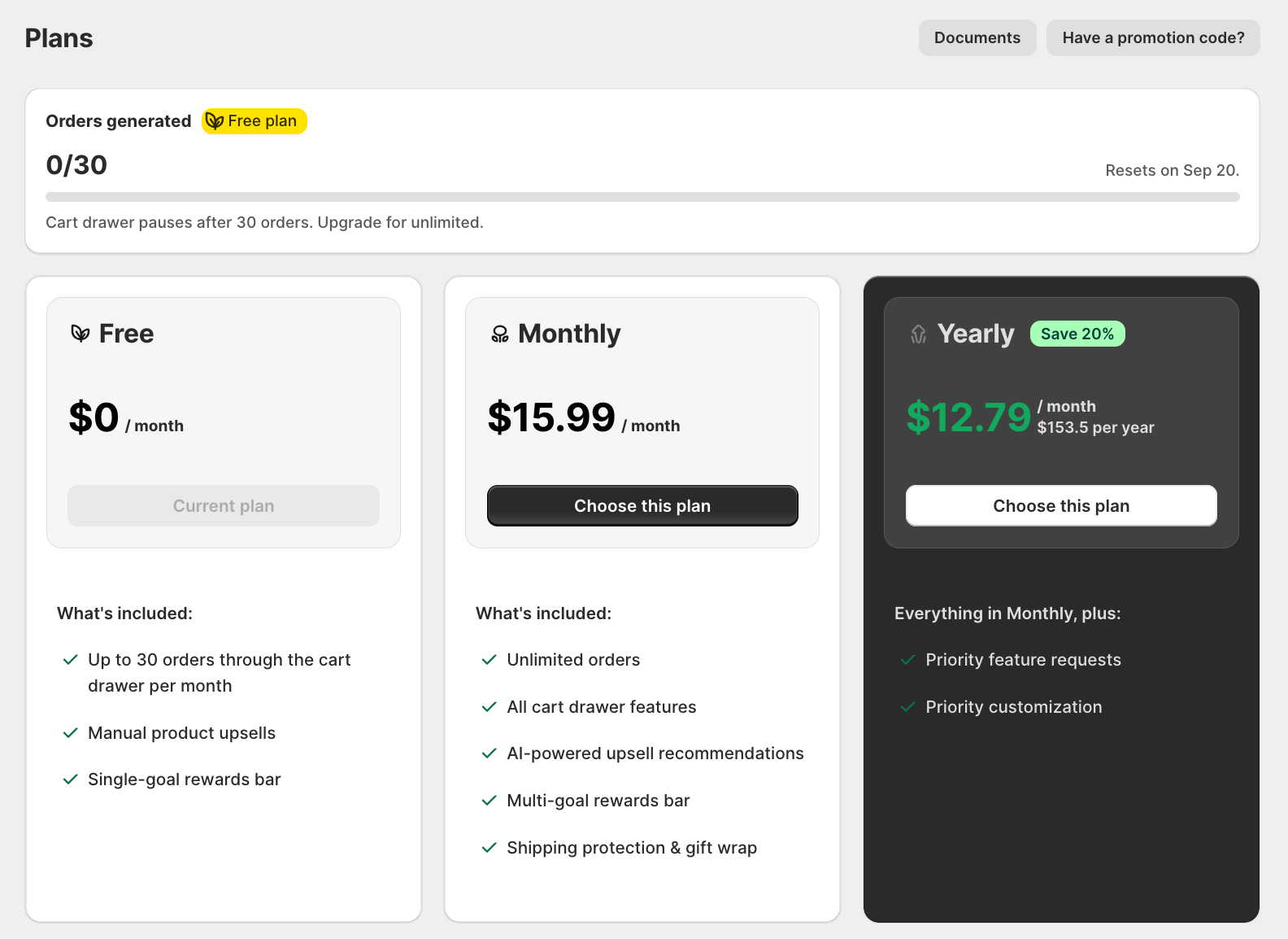Pricing tab showing the Free, Monthly ($15.99), and Yearly plan cards for a Shopify Basic store