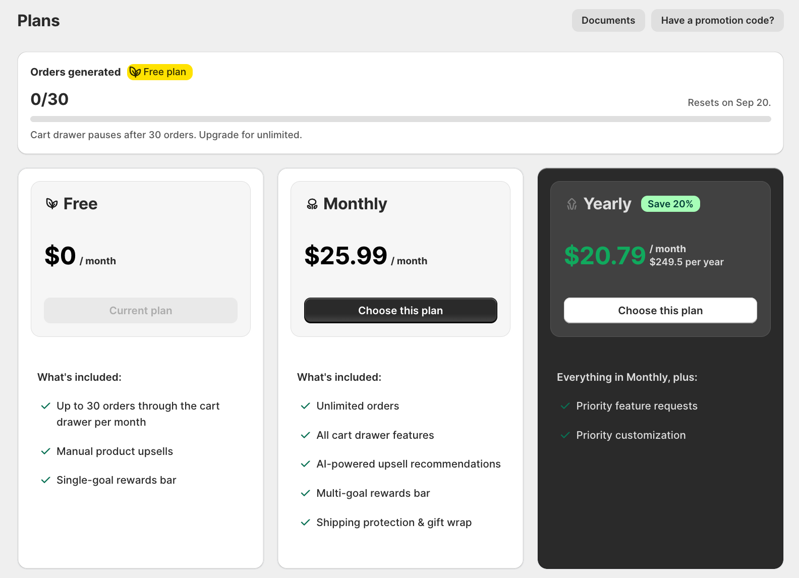 Pricing tab showing the Free, Monthly ($25.99), and Yearly plan cards for a Shopify Grow store
