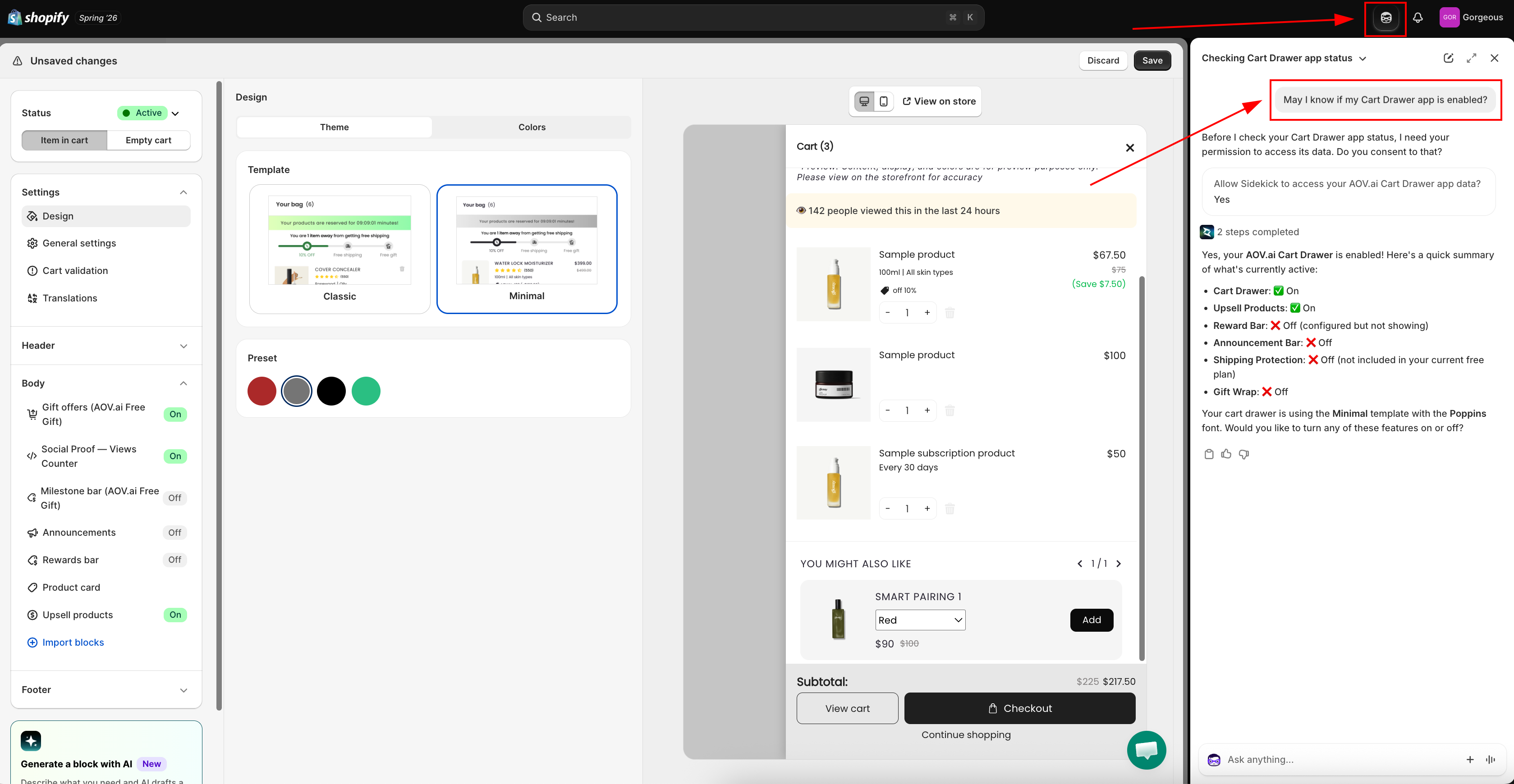 Shopify Admin with the Sidekick icon highlighted in the top bar, and the Sidekick chat asking for consent to access Cart Drawer data before listing feature status