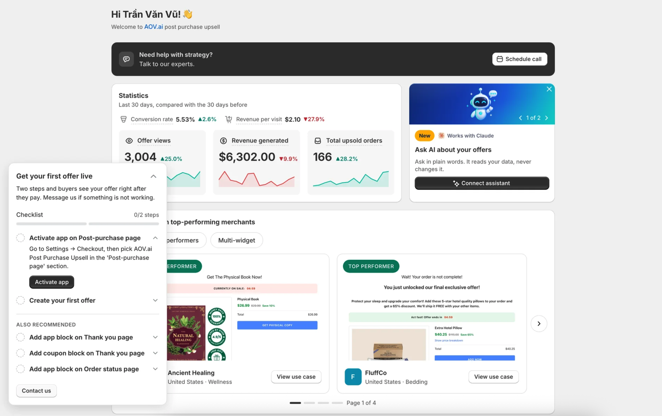 Home dashboard with the expanded Checklist widget (0/2 steps, Activate app on Post-purchase page, Create your first offer, Also recommended) floating over the Statistics card