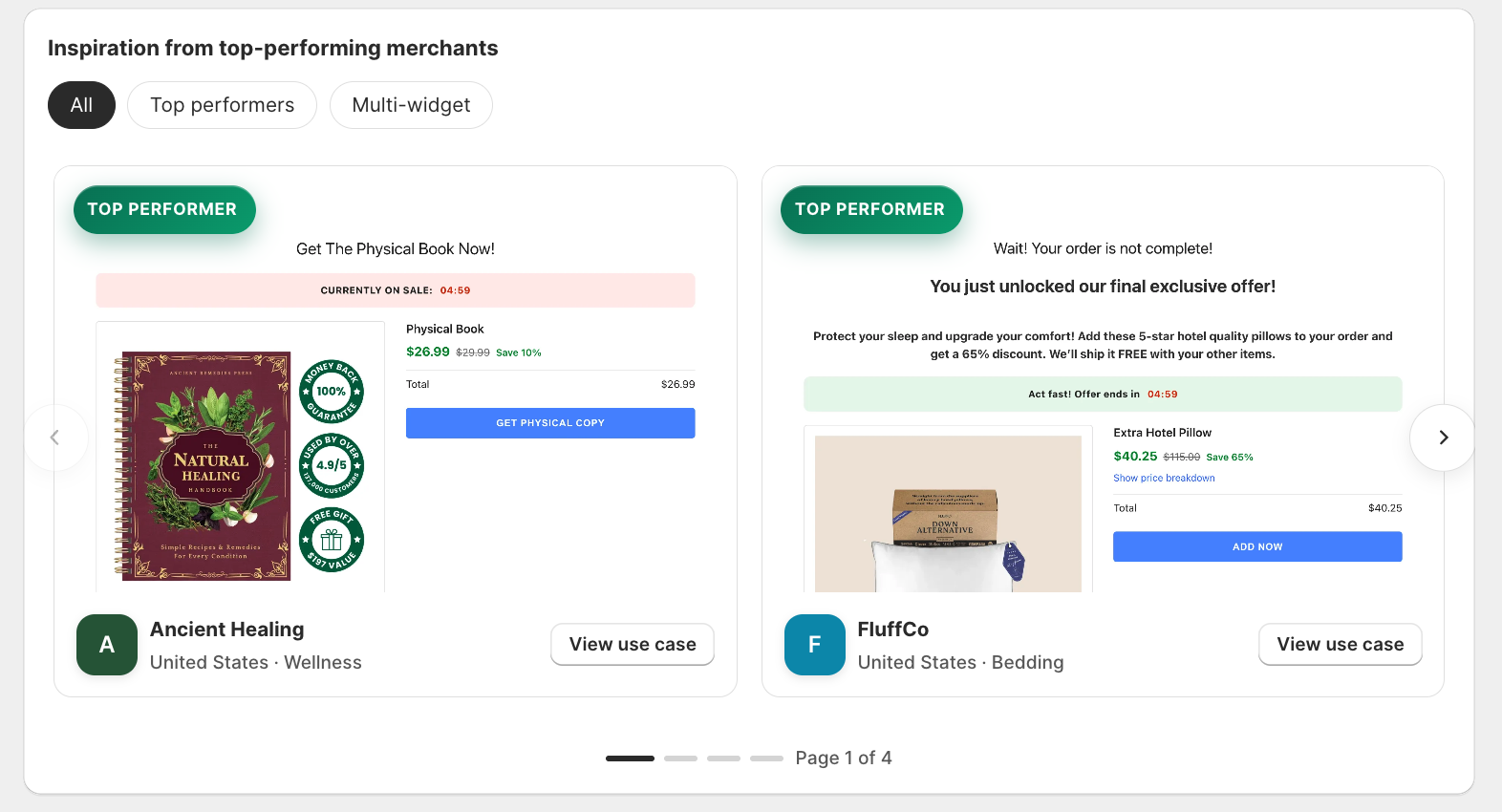 Inspiration from top-performing merchants section: All / Top performers / Multi-widget filters and a carousel of template cards (Ancient Healing, FluffCo), Page 1 of 4