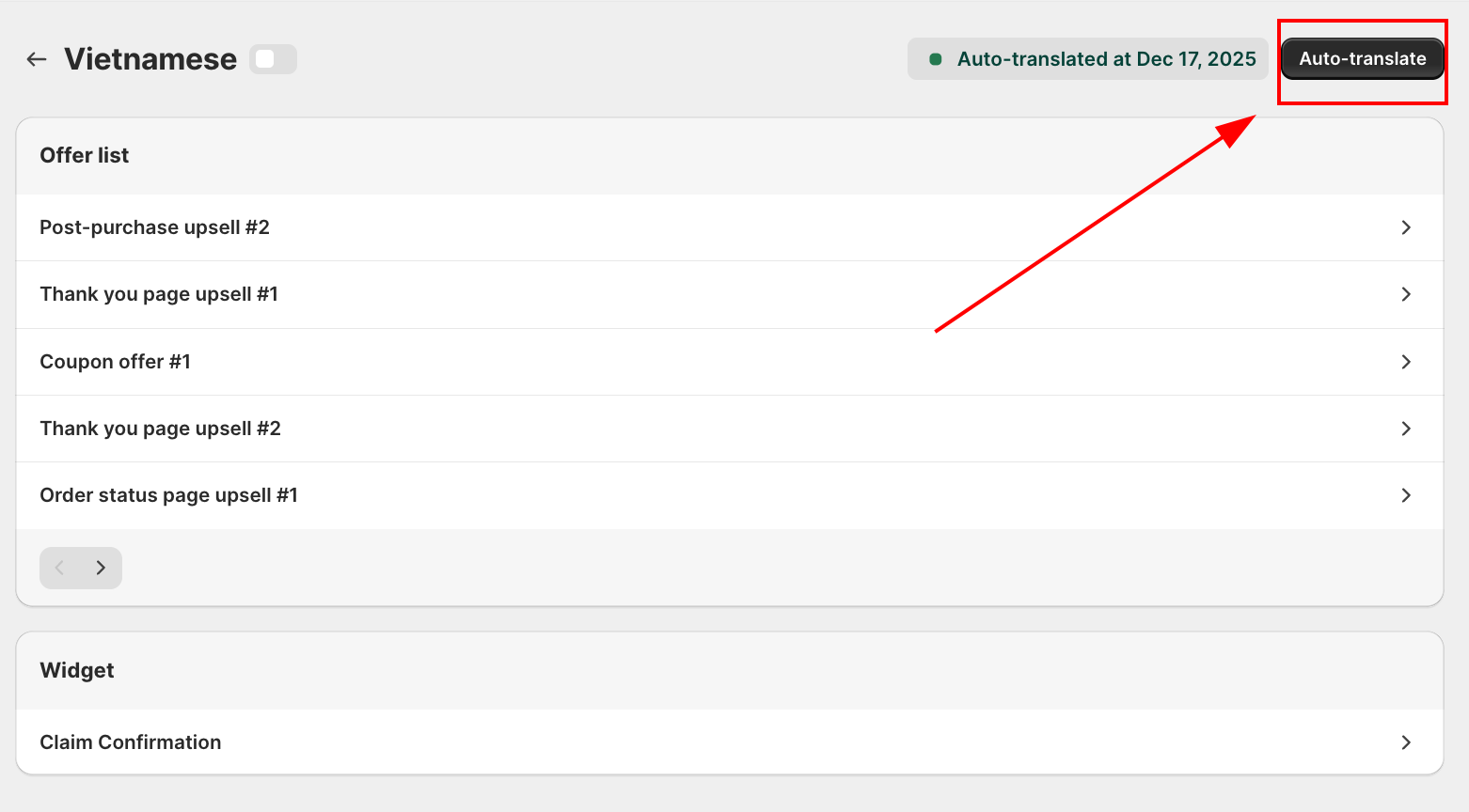 Vietnamese language page with the Auto-translate button highlighted and the previous Auto-translated timestamp shown
