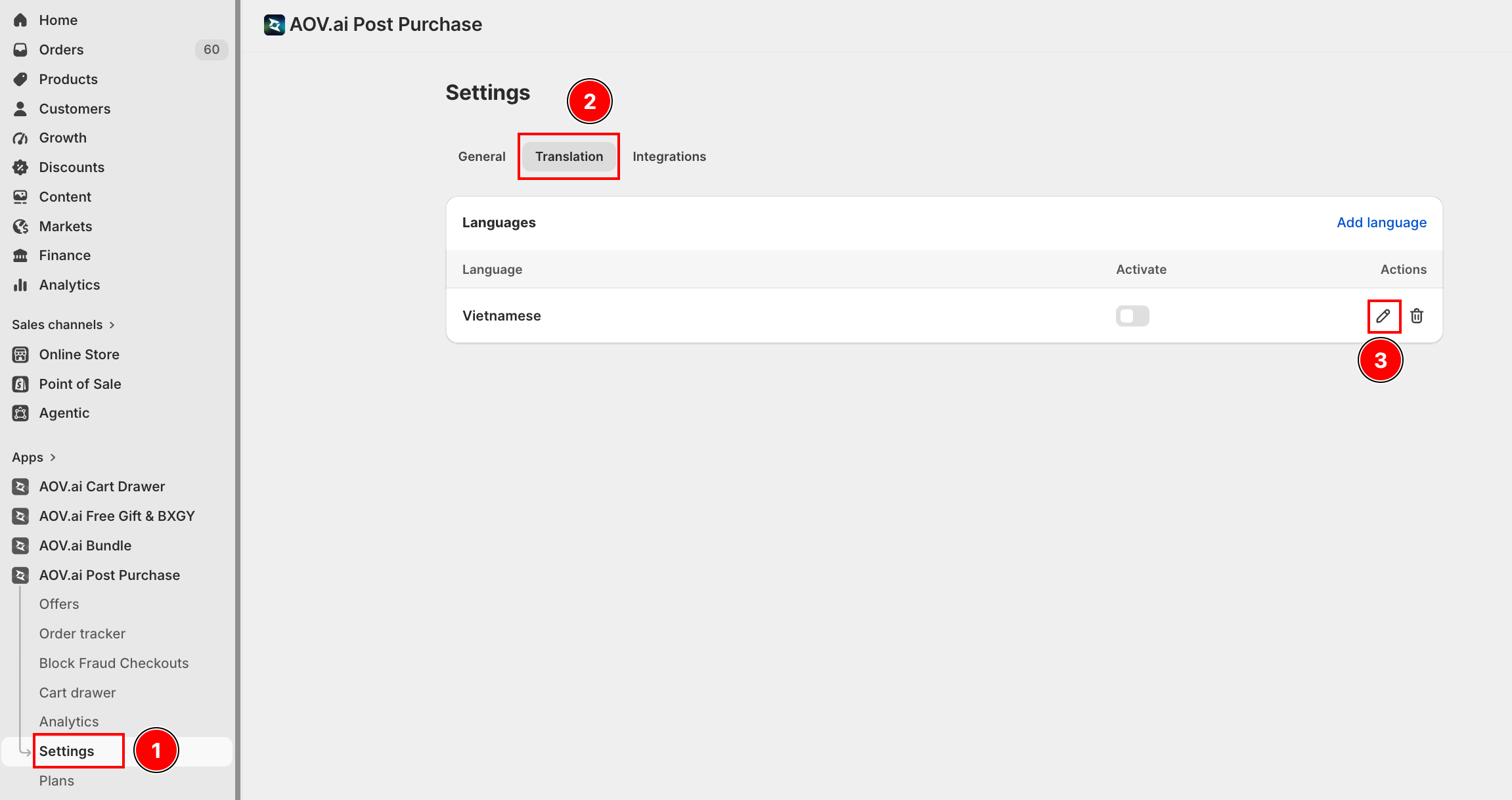 Settings > Translation tab with the Vietnamese language row, edit icon highlighted to open the language page