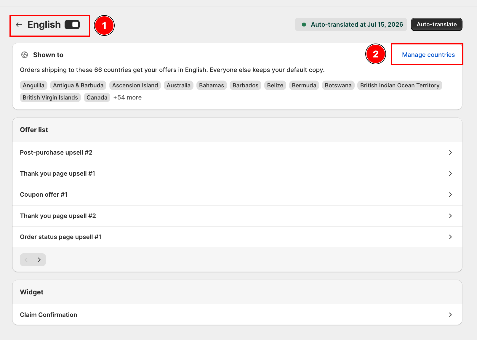 Language translation page with the Shown to card, assigned country tags, and Manage countries button