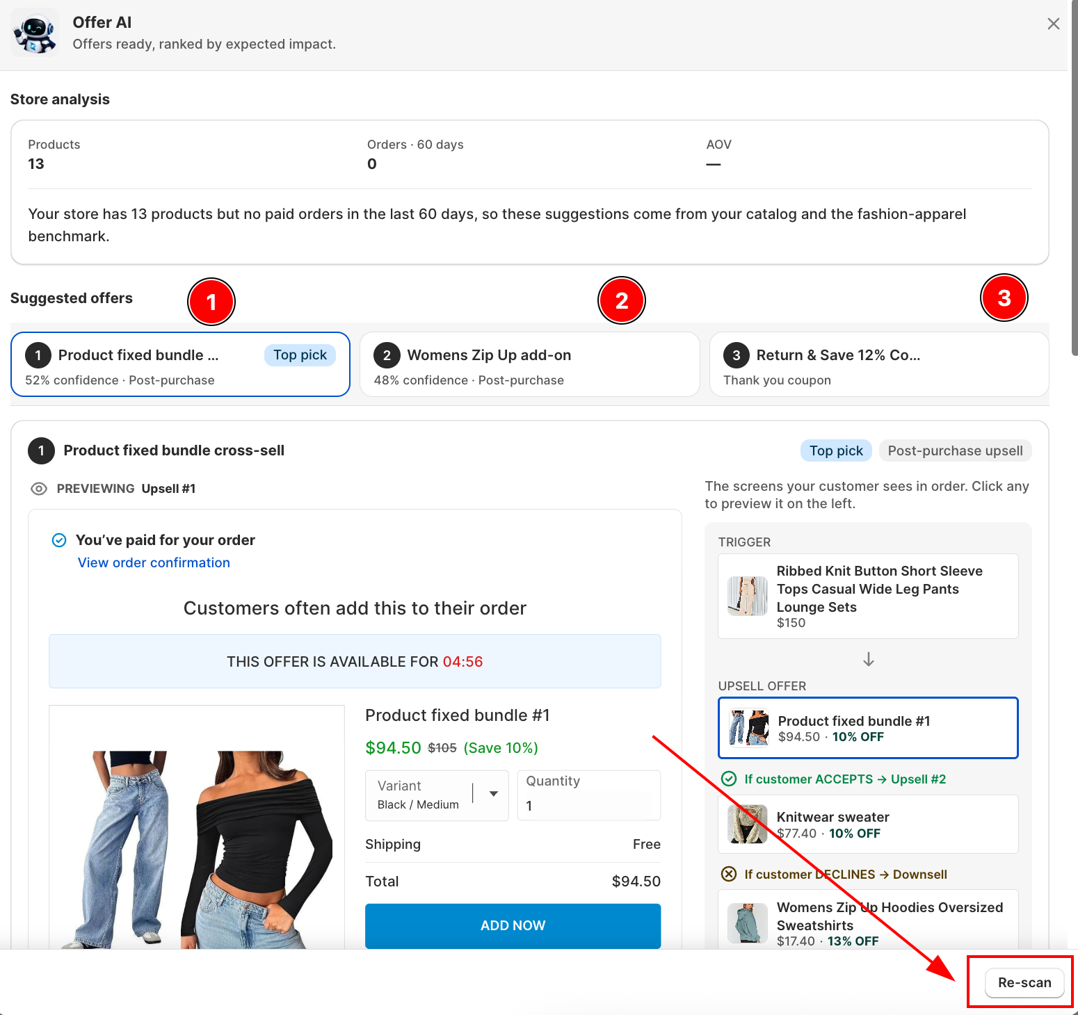 Offer AI results panel with Store analysis stats, 3 suggested offer cards, and the offer preview with flow steps and Re-scan button