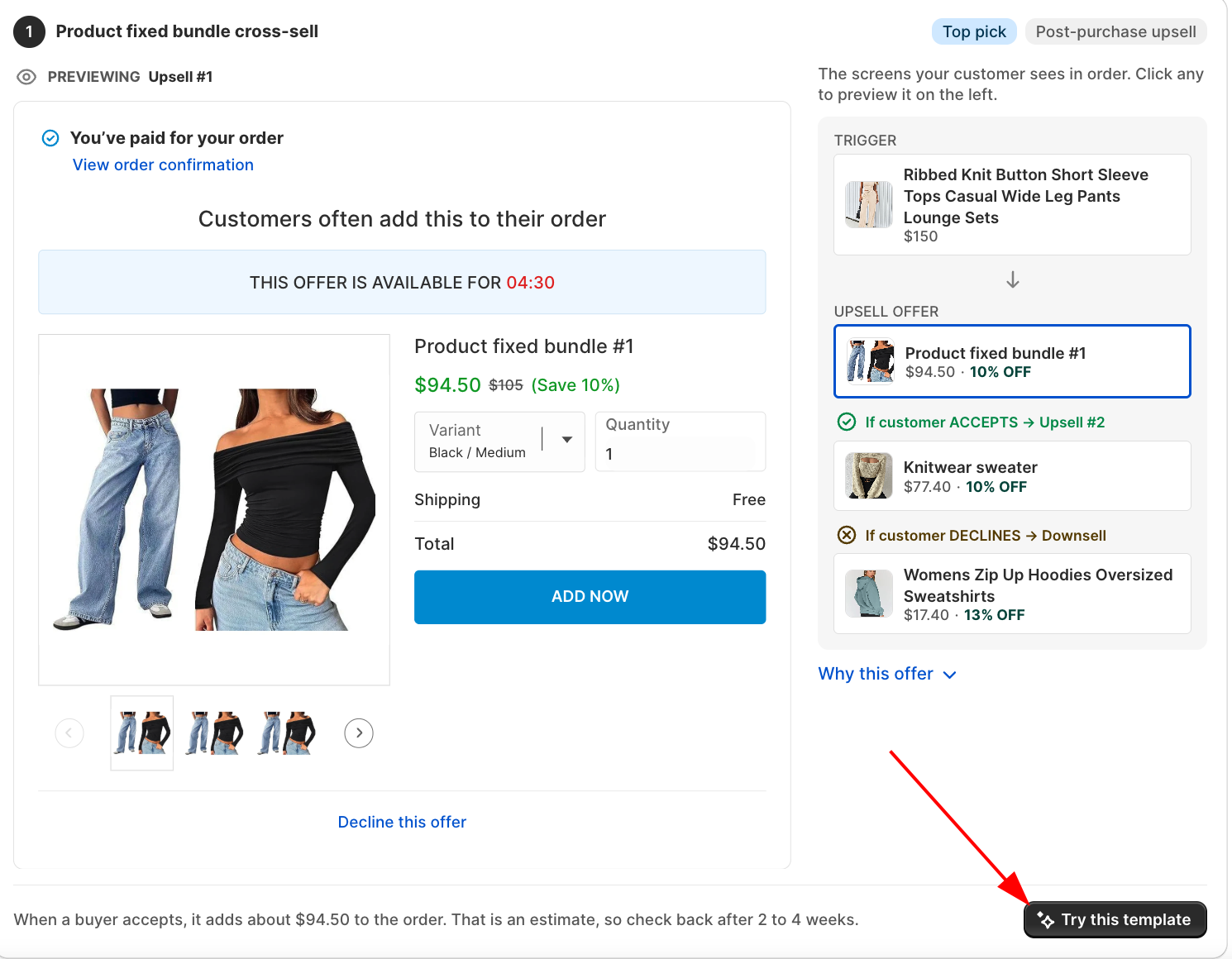 Suggested offer preview with the Try this template button