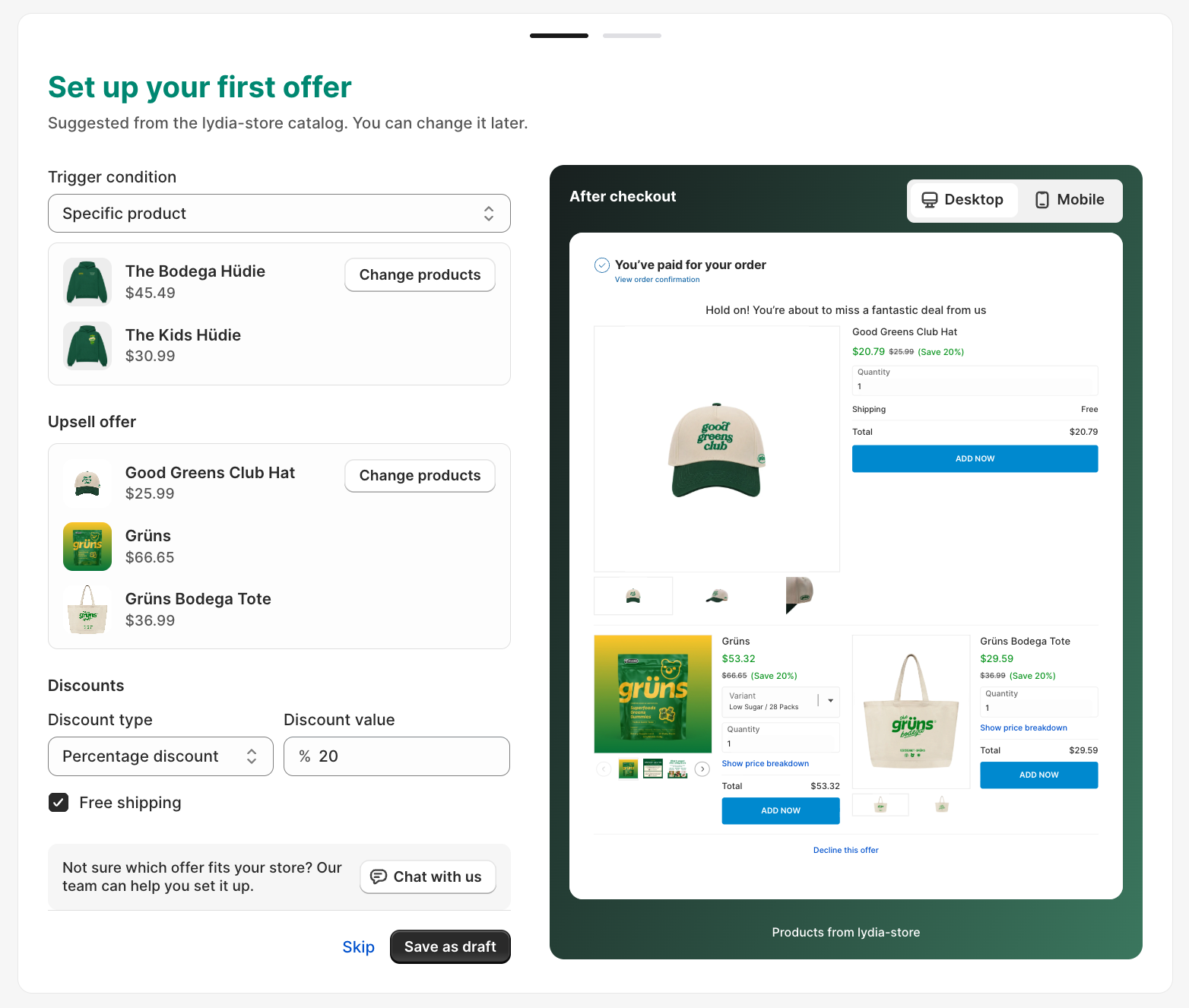Step 1 offer form with trigger condition, upsell products and two Change products buttons, and discount settings, beside the live After checkout offer preview