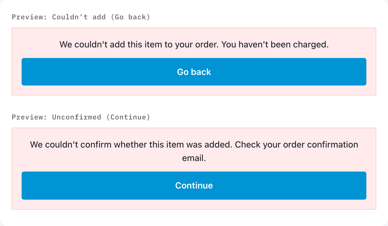 Failure preview showing both banners: Couldn't add (Go back) and Unconfirmed (Continue)