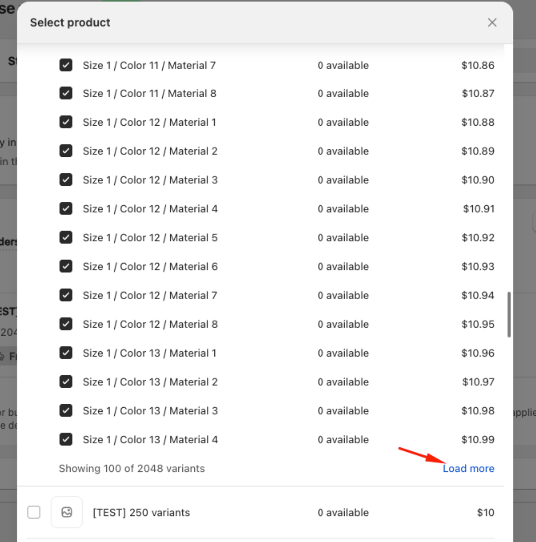 Select product modal scrolled down showing Showing 100 of 2048 variants and a Load more link