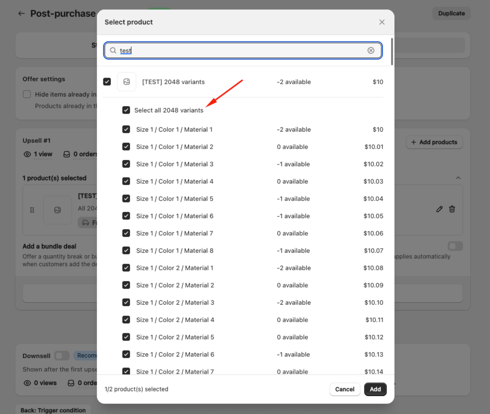 Select product modal with the Select all N variants checkbox checked above the individually ticked variant rows