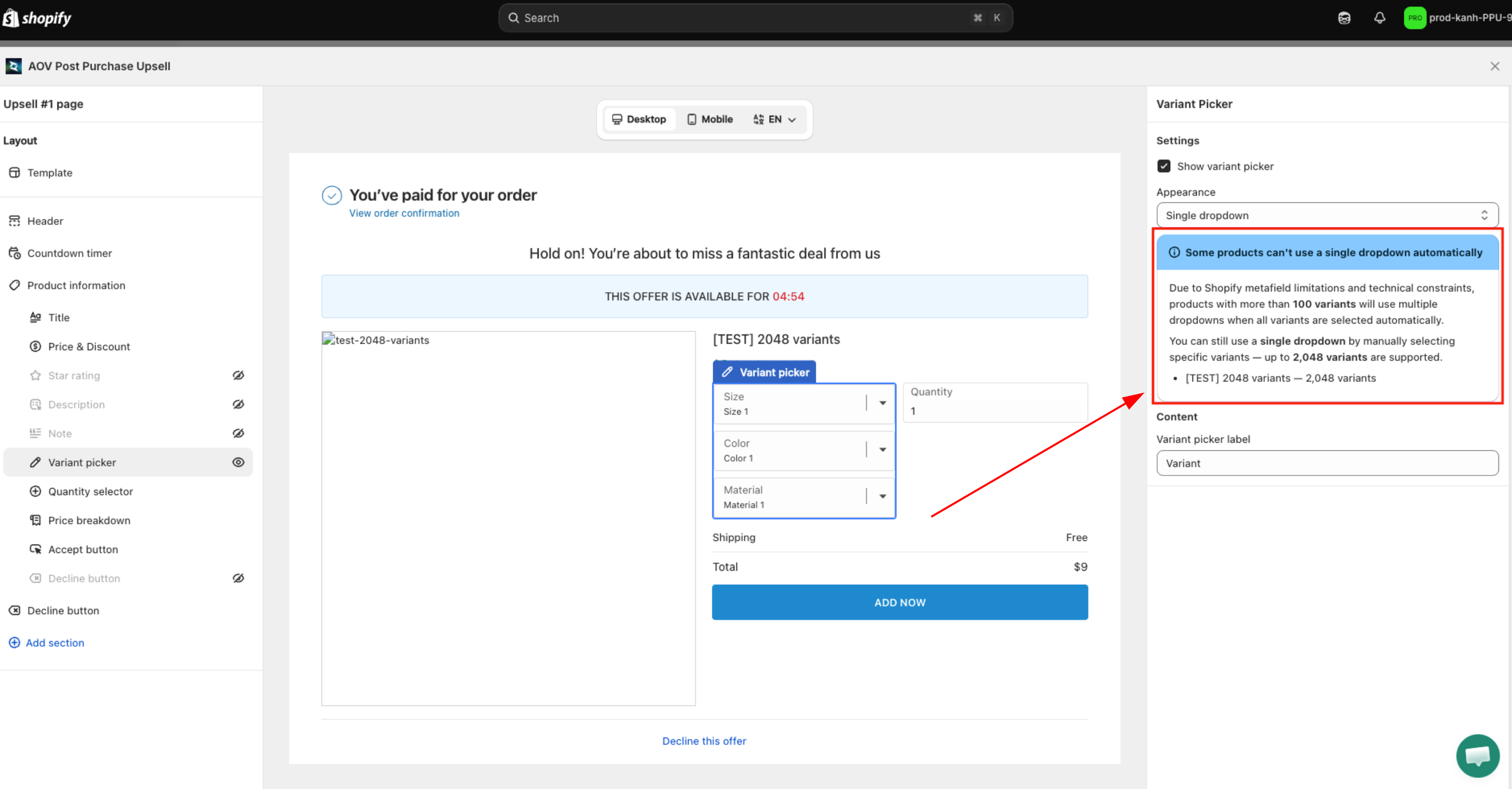 Variant Picker settings with Appearance set to Single dropdown and the info banner explaining that products with more than 100 variants selected via Select all will use multiple dropdowns