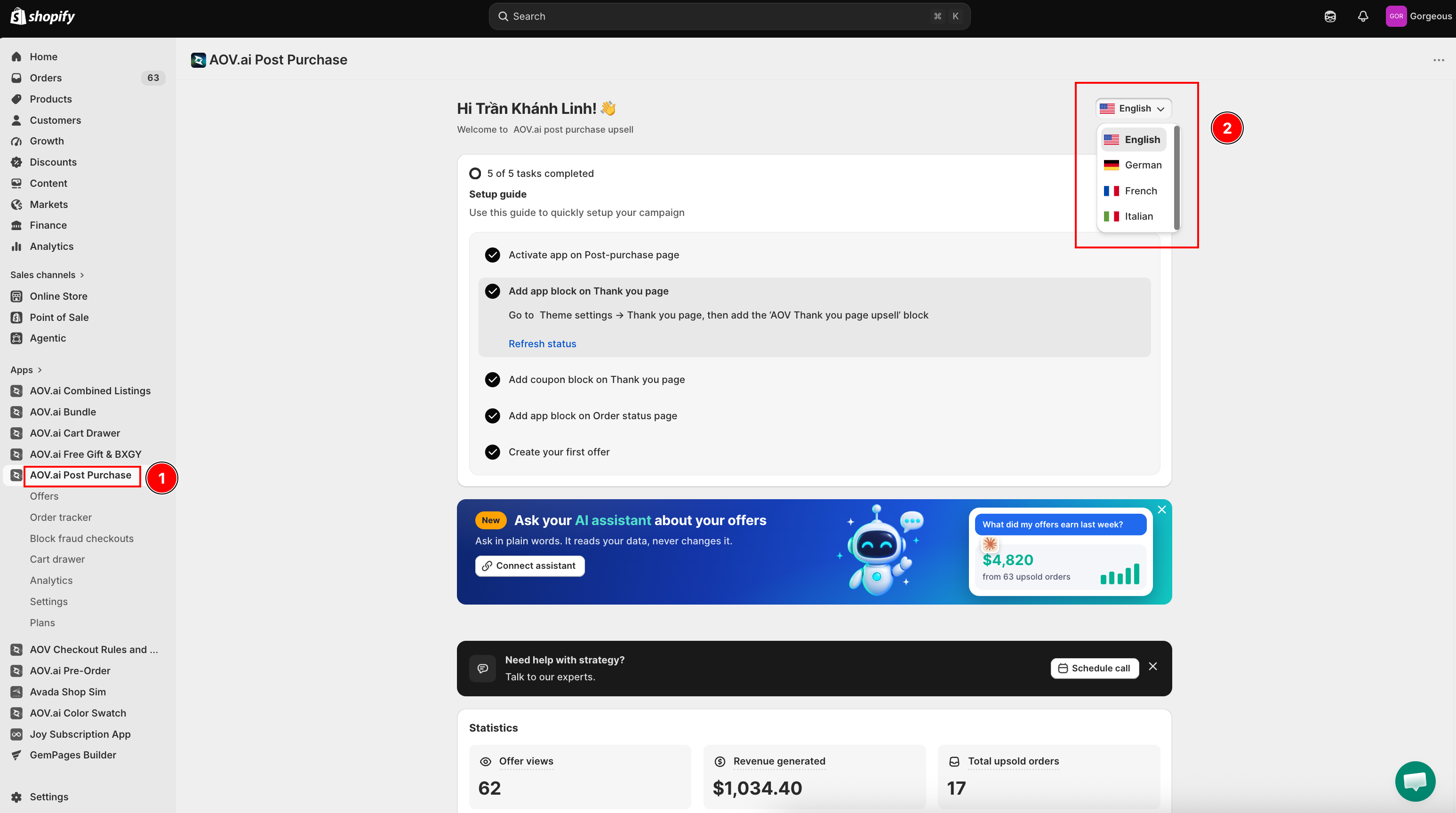 Dashboard header with the admin language picker open, showing English, German, French, and Italian with flag icons
