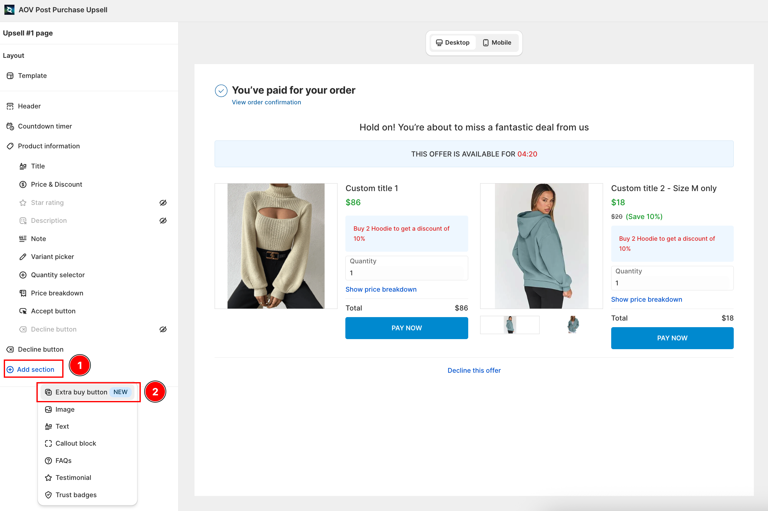 Offer Design layout with the Add section dropdown open and Extra buy button (NEW) at the top of the widget list