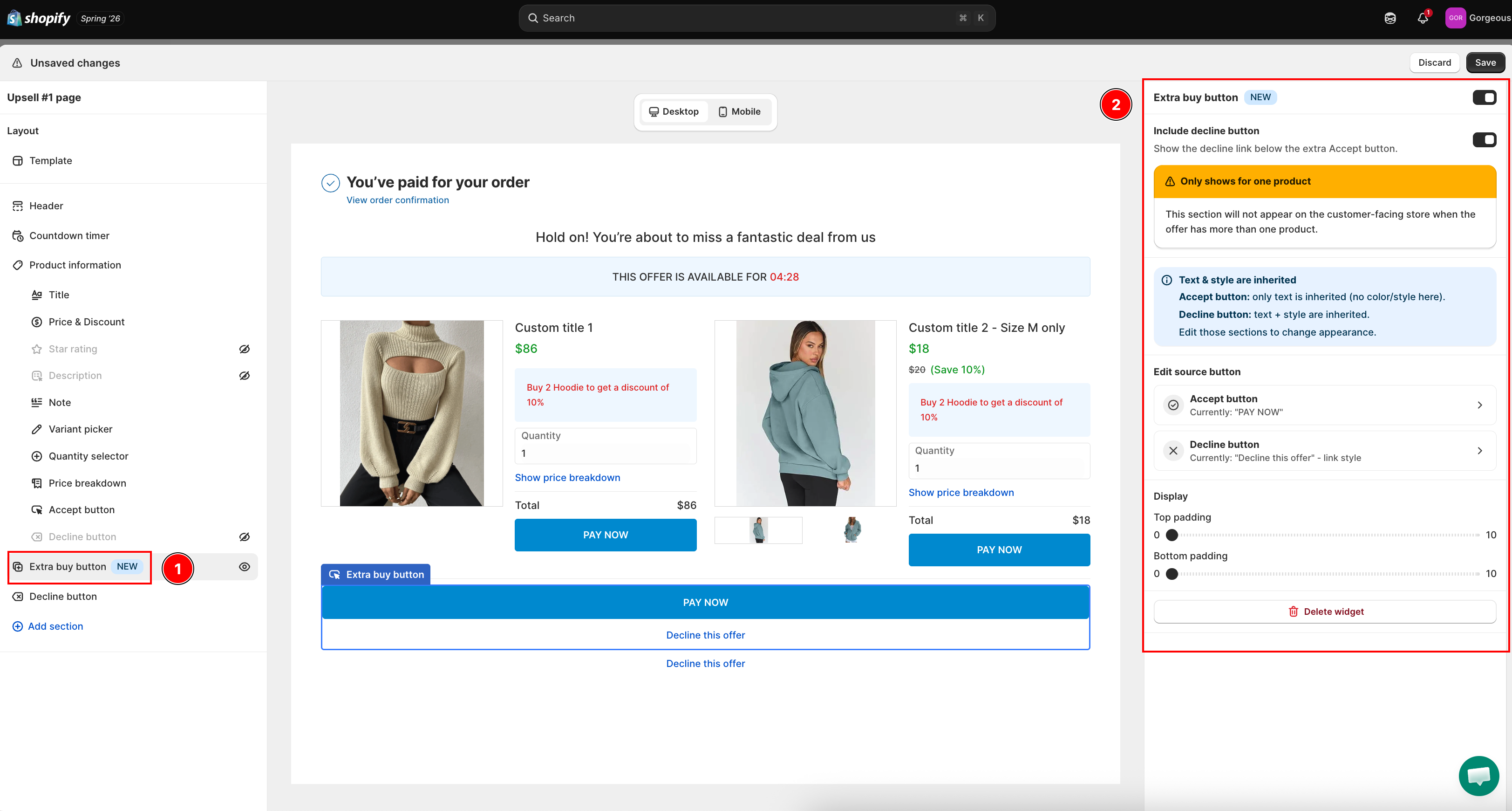Extra buy button settings panel with Include decline button, the one-product warning, the inherited text and style banner, Edit source button shortcuts, and top/bottom padding, plus the extra Pay now button in the preview
