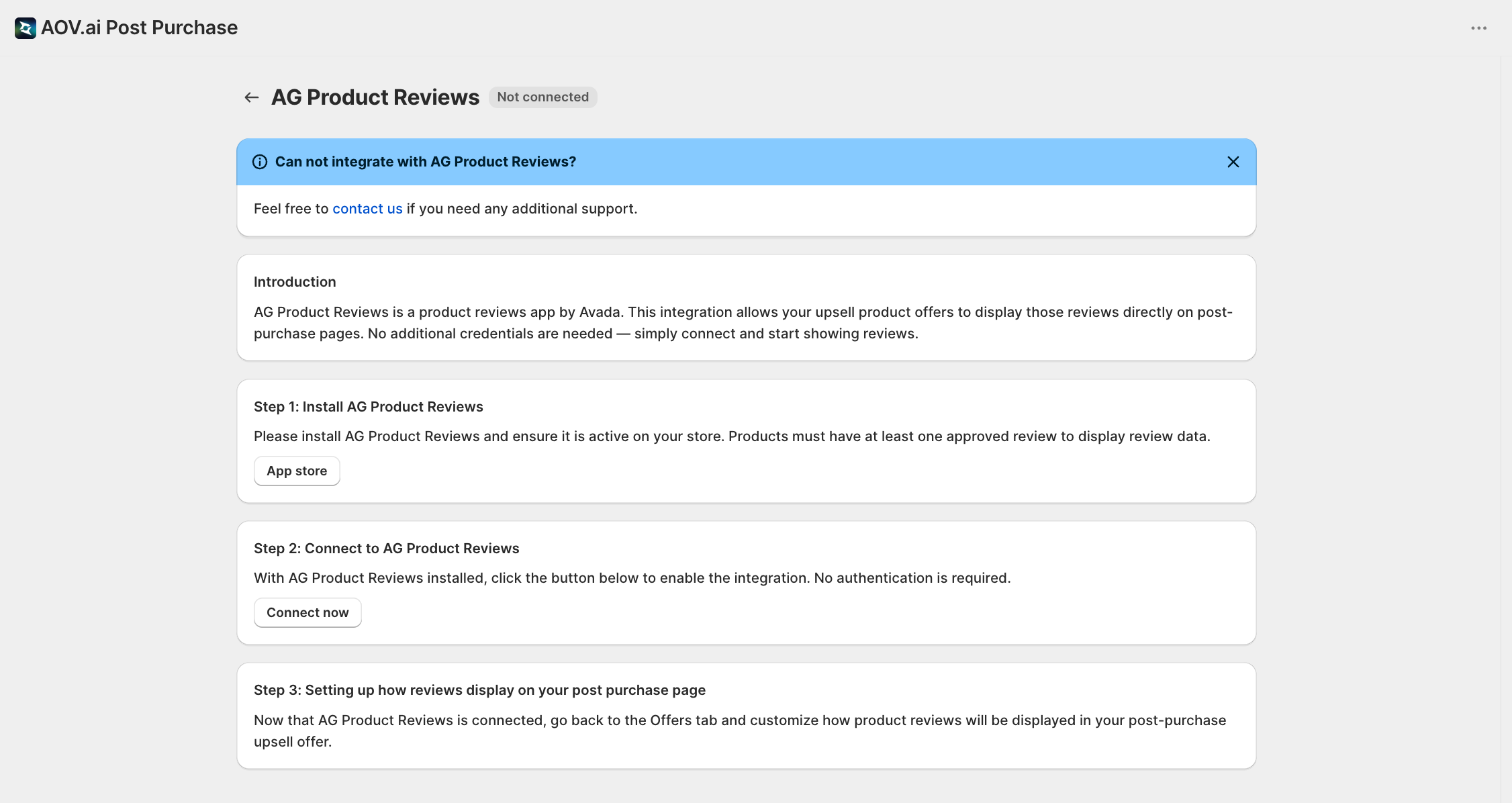 AG Product Reviews integration detail page with Connect now button