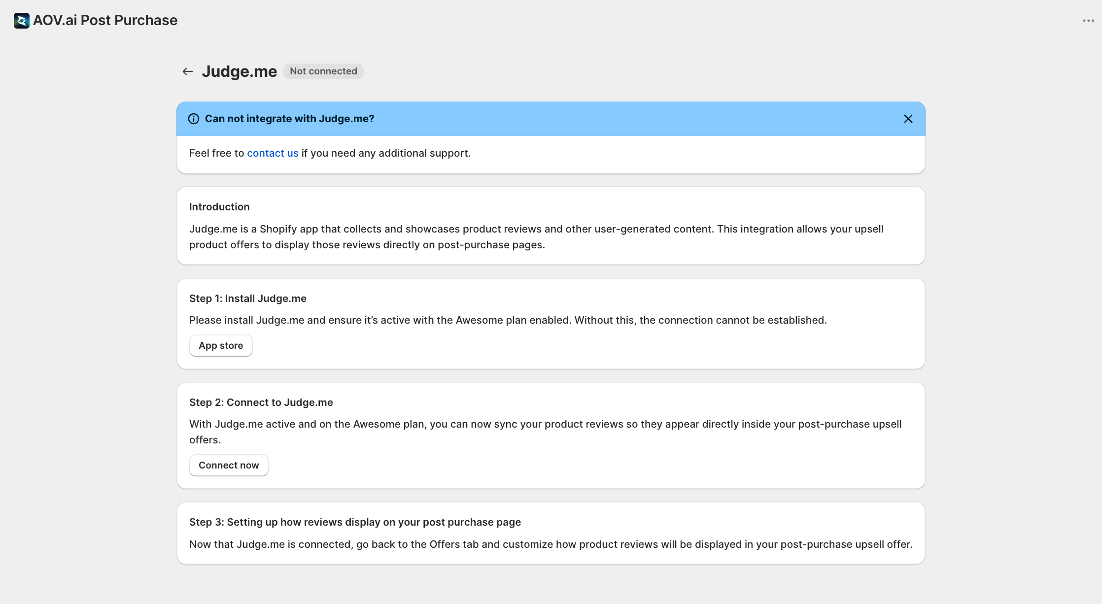 Judge.me integration detail page with Connect now button