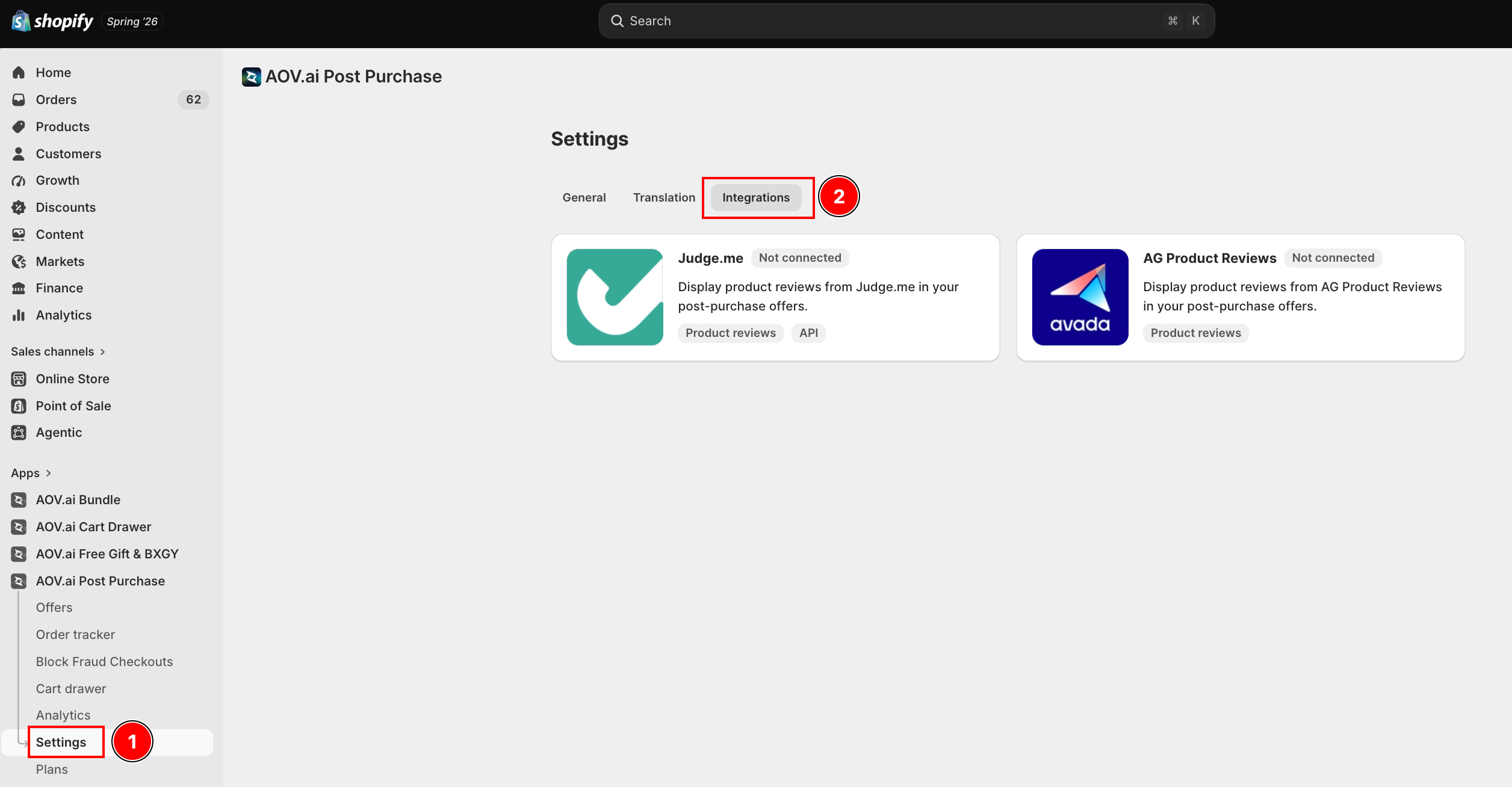 Settings → Integrations tab with the Judge.me and AG Product Reviews cards
