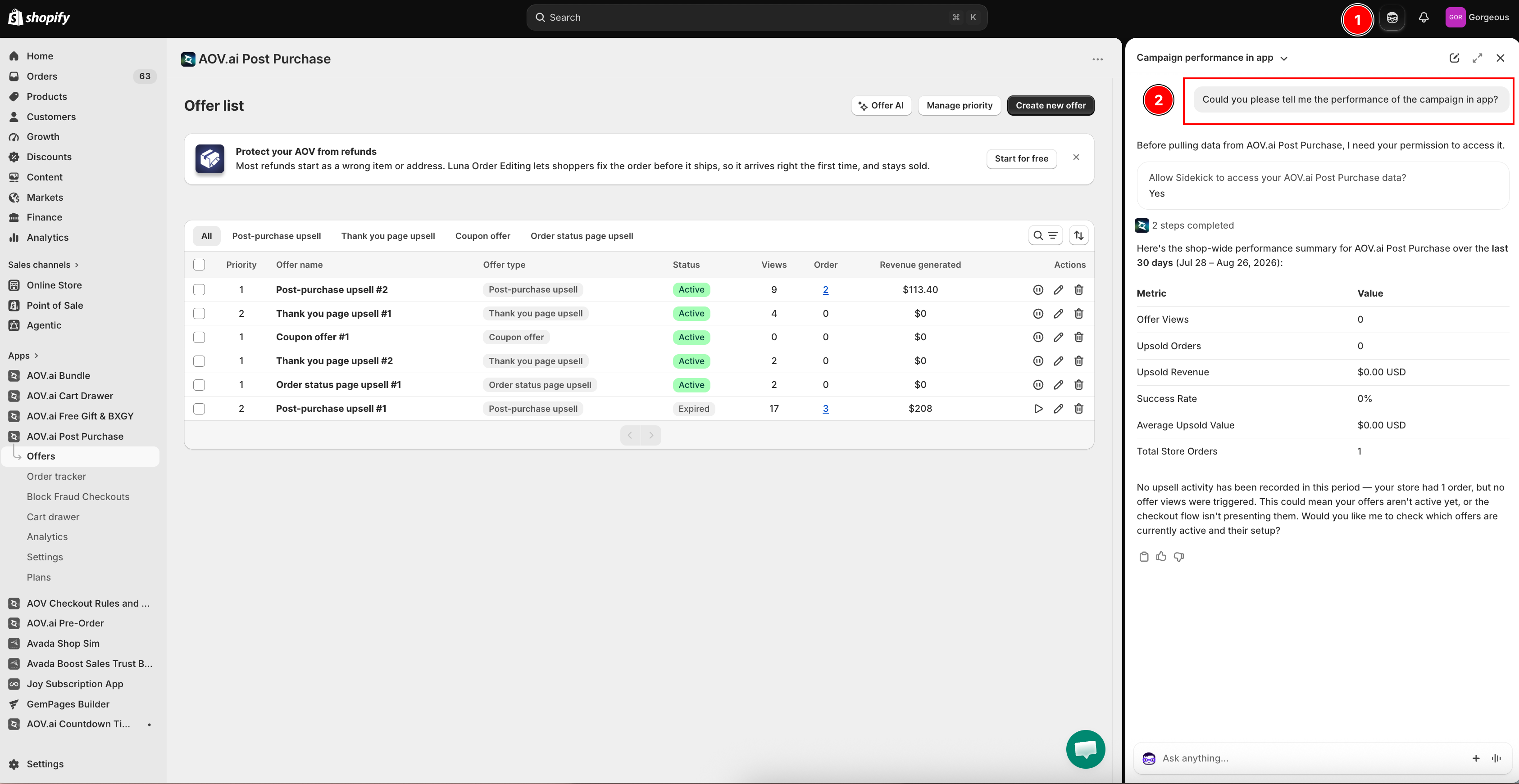 Shopify admin with the Sidekick icon highlighted, a one-time data access permission prompt, and a shop-wide performance summary table for the last 30 days