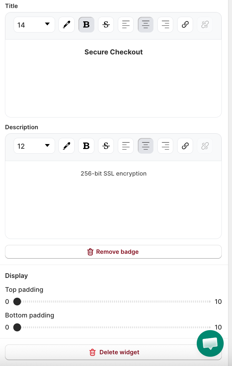 Badge edit panel showing Title and Description WYSIWYG editors with Remove badge and Delete widget buttons
