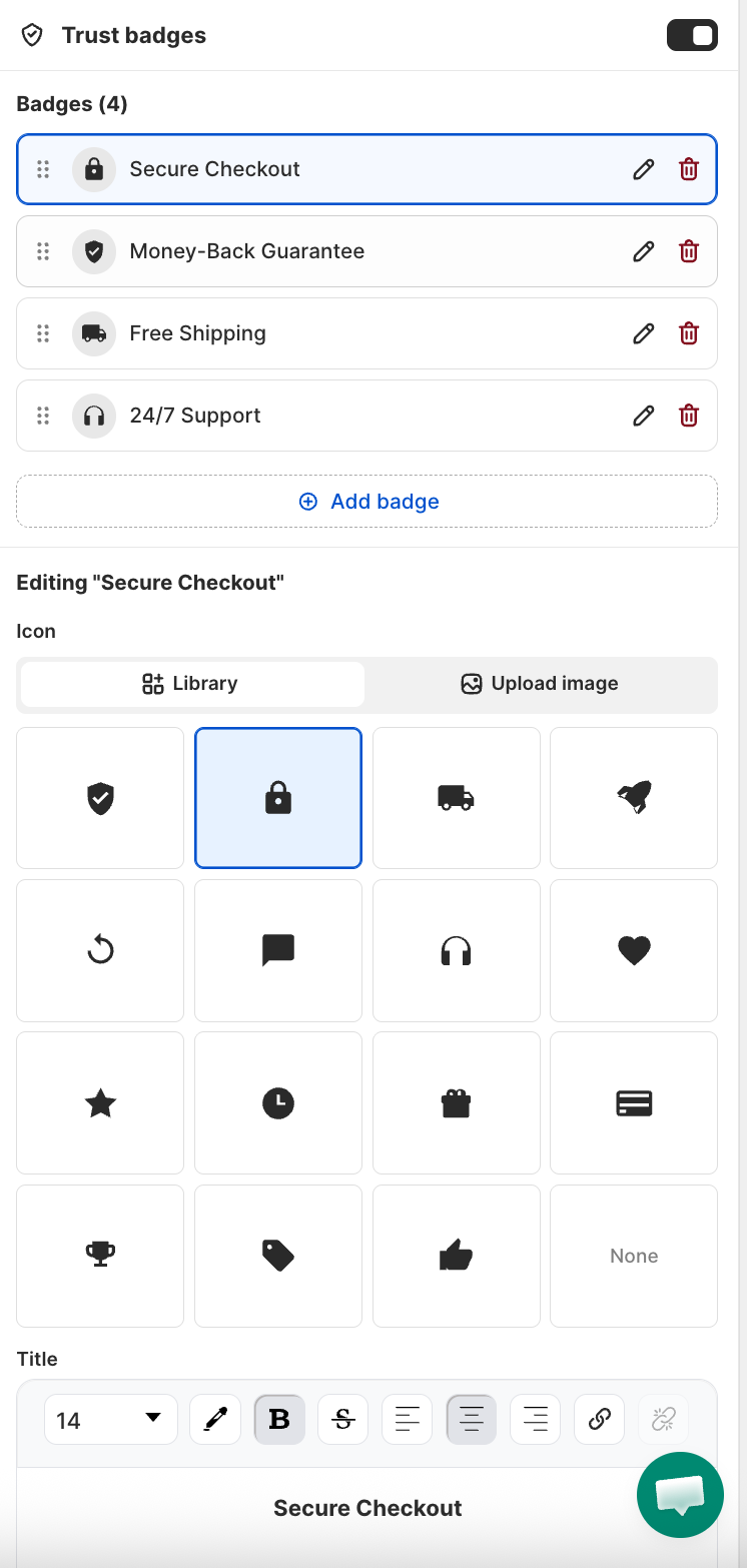 Trust Badges panel showing badge list with 4 badges and icon library grid