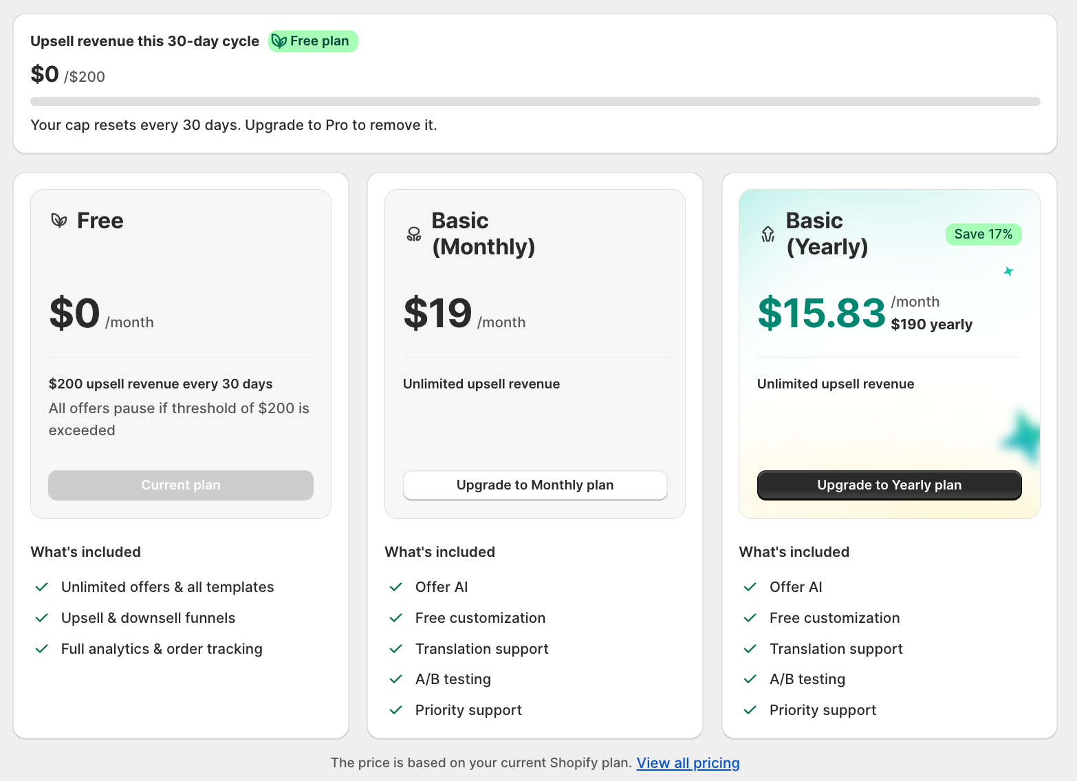 Plans page for a store on Shopify Basic, with the Basic Monthly ($19/month) and Basic Yearly ($15.83/month, $190/year) cards
