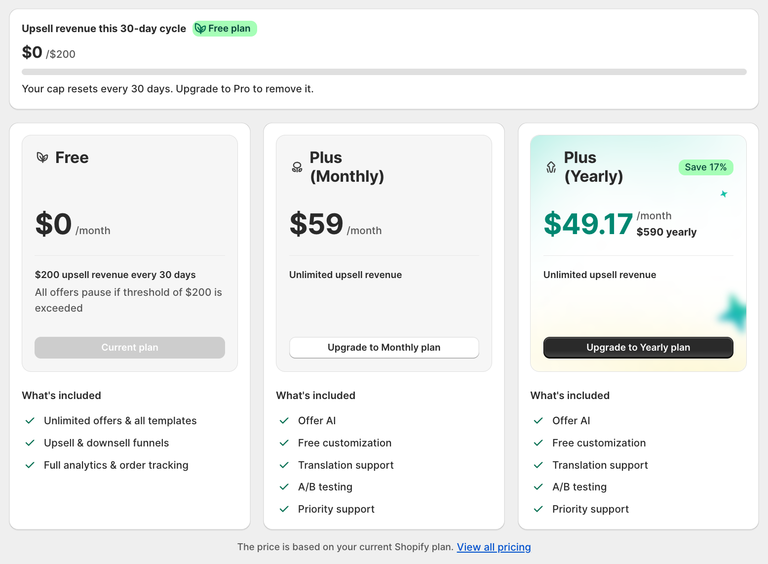 Plans page for a store on Shopify Plus, with the Plus Monthly ($59/month) and Plus Yearly ($49.17/month, $590/year) cards