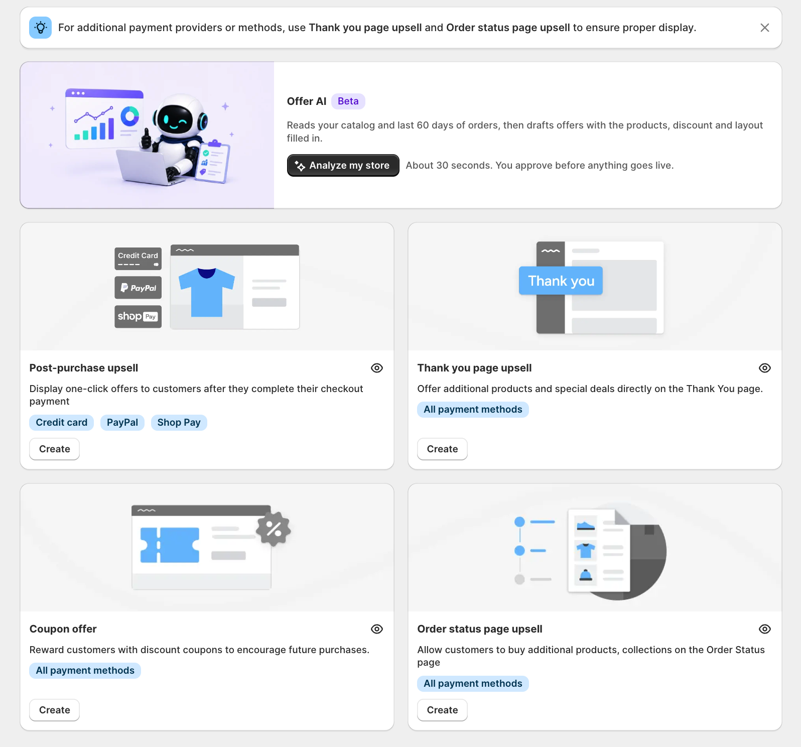 Choose offer type page with the Offer AI banner and all four offer type cards (Post-purchase upsell, Thank you page upsell, Coupon offer, Order status page upsell)