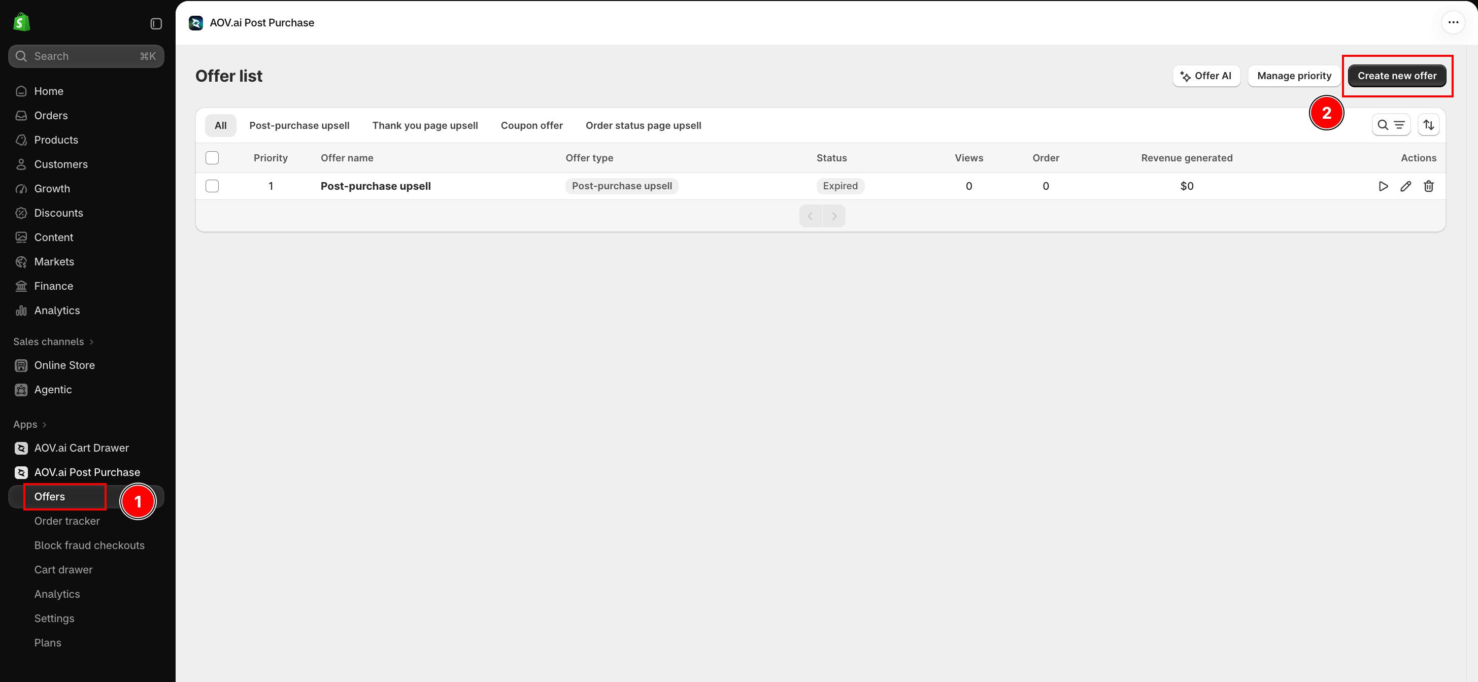 Offers list page with the Offers nav item and the Create new offer button