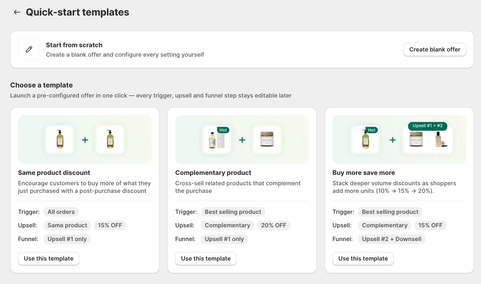 Quick-start templates page with Start from scratch and the Same product discount, Complementary product, and Buy more save more template cards