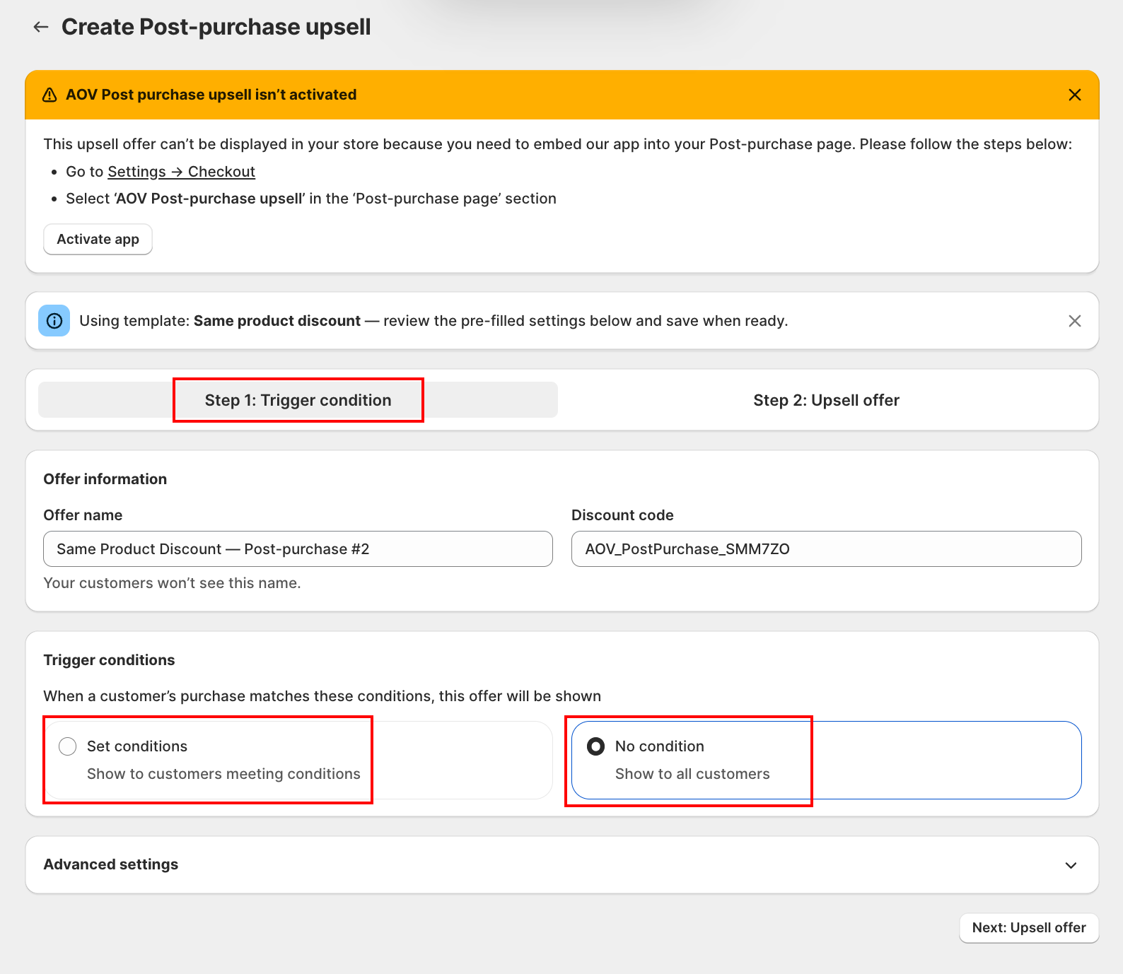 Trigger condition step showing the Offer information fields (Offer name, Discount code) and the Set conditions / No condition toggle