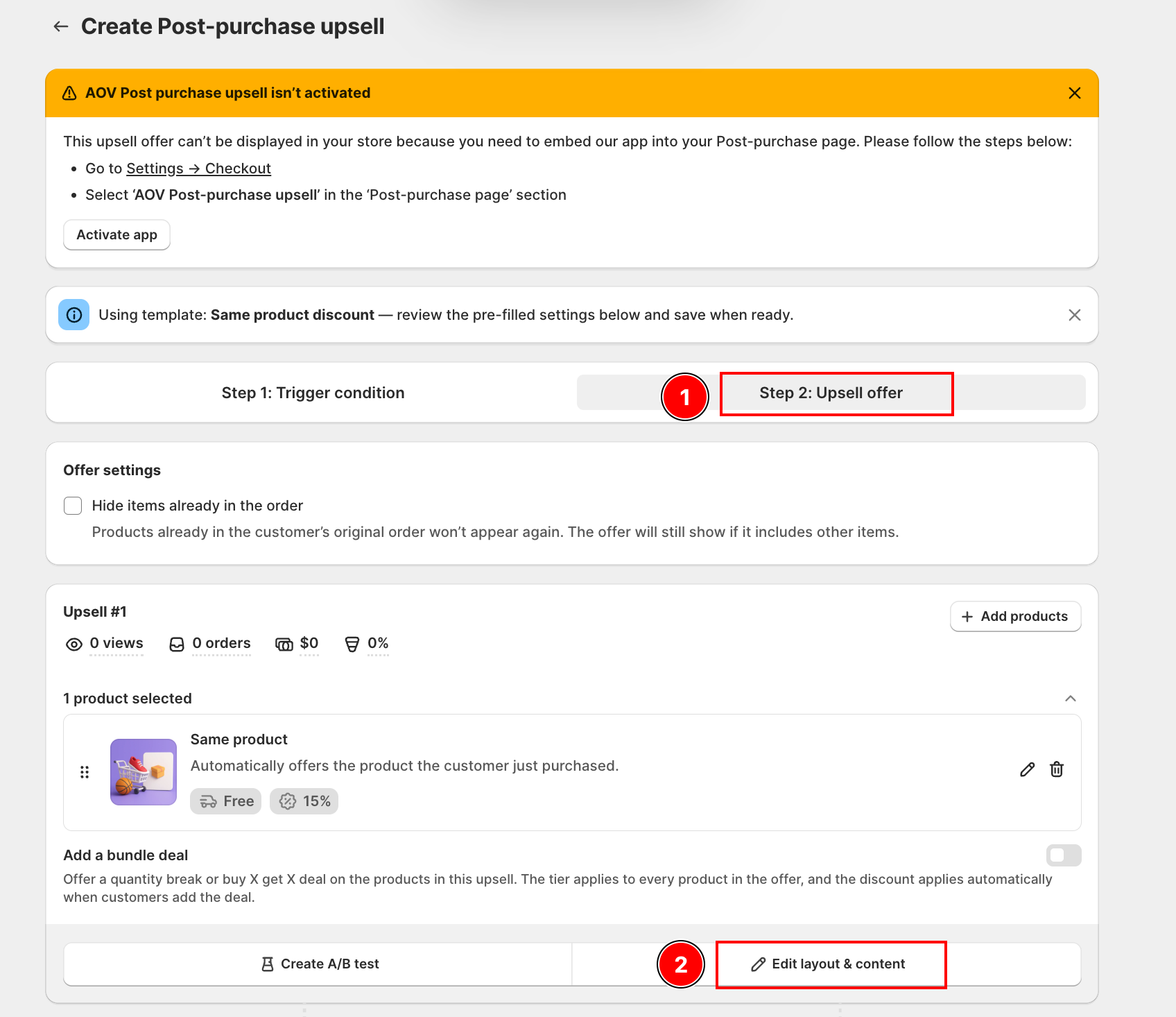 Upsell offer step with the Edit layout & content button highlighted