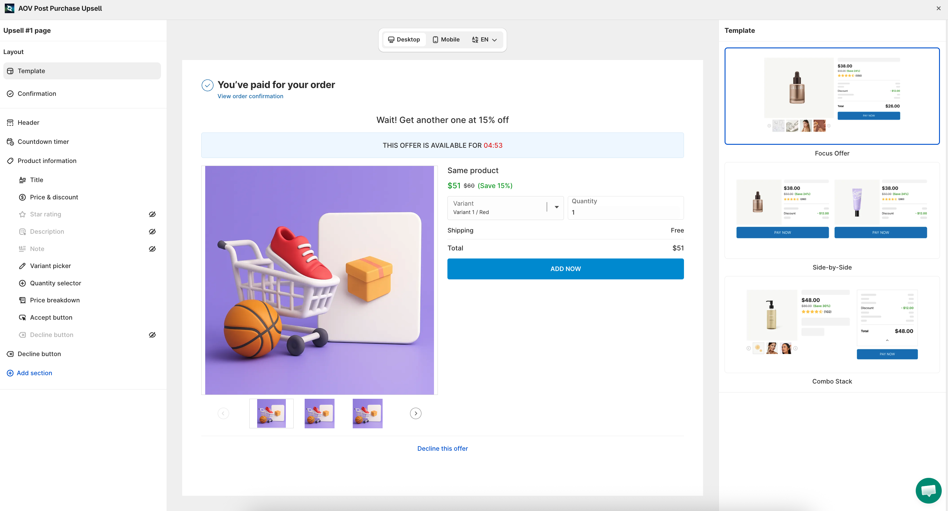 Visual editor with the Focus Offer / Side-by-Side / Combo Stack template panel, product information fields, and Desktop/Mobile/language preview toggle