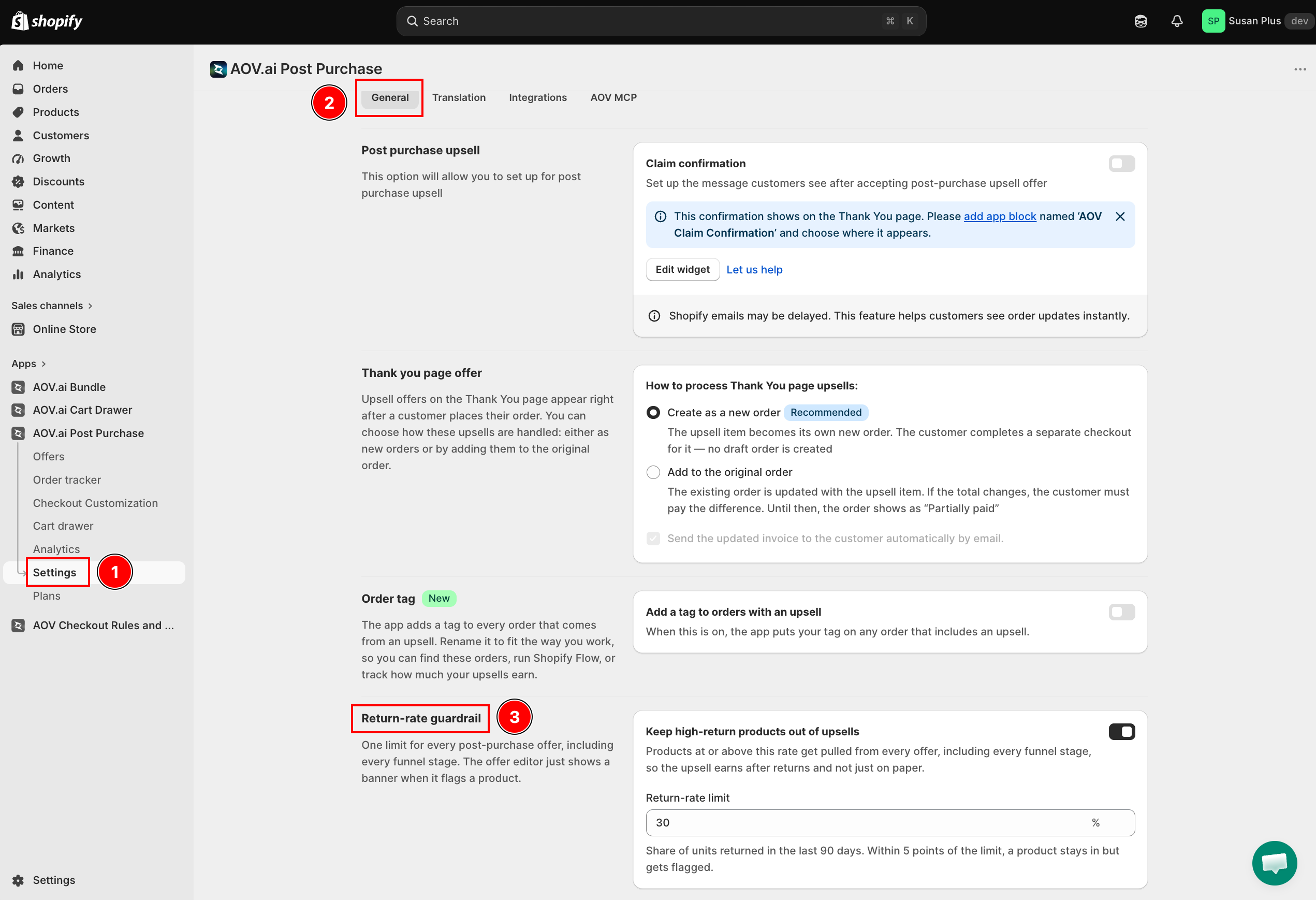 Settings > General tab with the Return-rate guardrail section, Keep high-return products out of upsells toggle on, and Return-rate limit field set to 30%