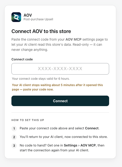 The Connect AOV to this store page that opens in the browser, with the connect code field, the 6-hour validity note, the 5-minute warning, and the Connect button